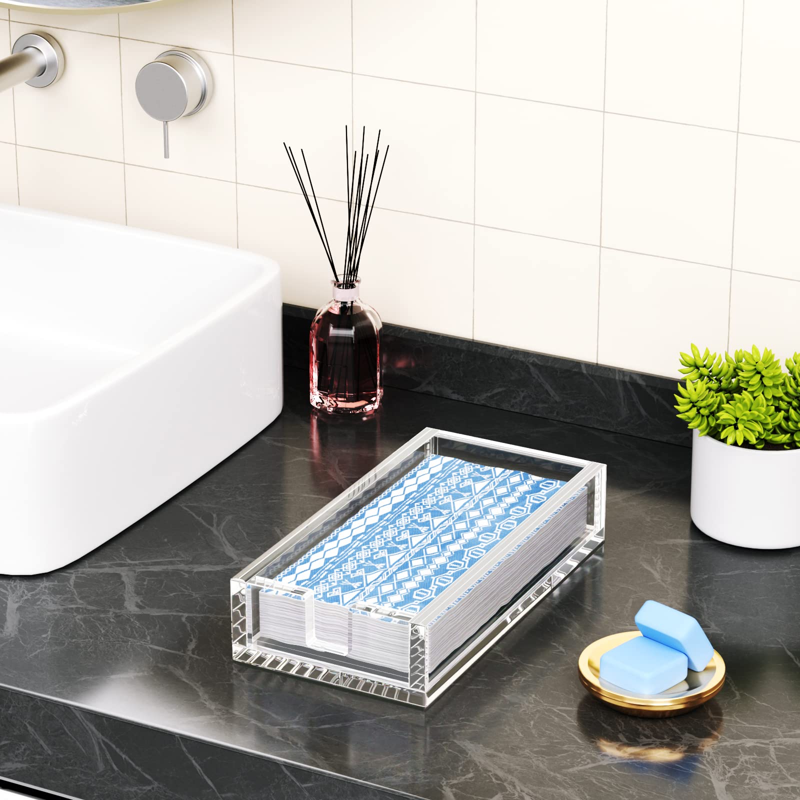 HIIMEI Clear Acrylic Napkin Holder & Guest Towel Tray for Bathroom, Kitchen, Hotel, Restaurant - Perfect for Parties, Weddings & Events - Disposable Paper Towel Organizer for Home & Commercial Use