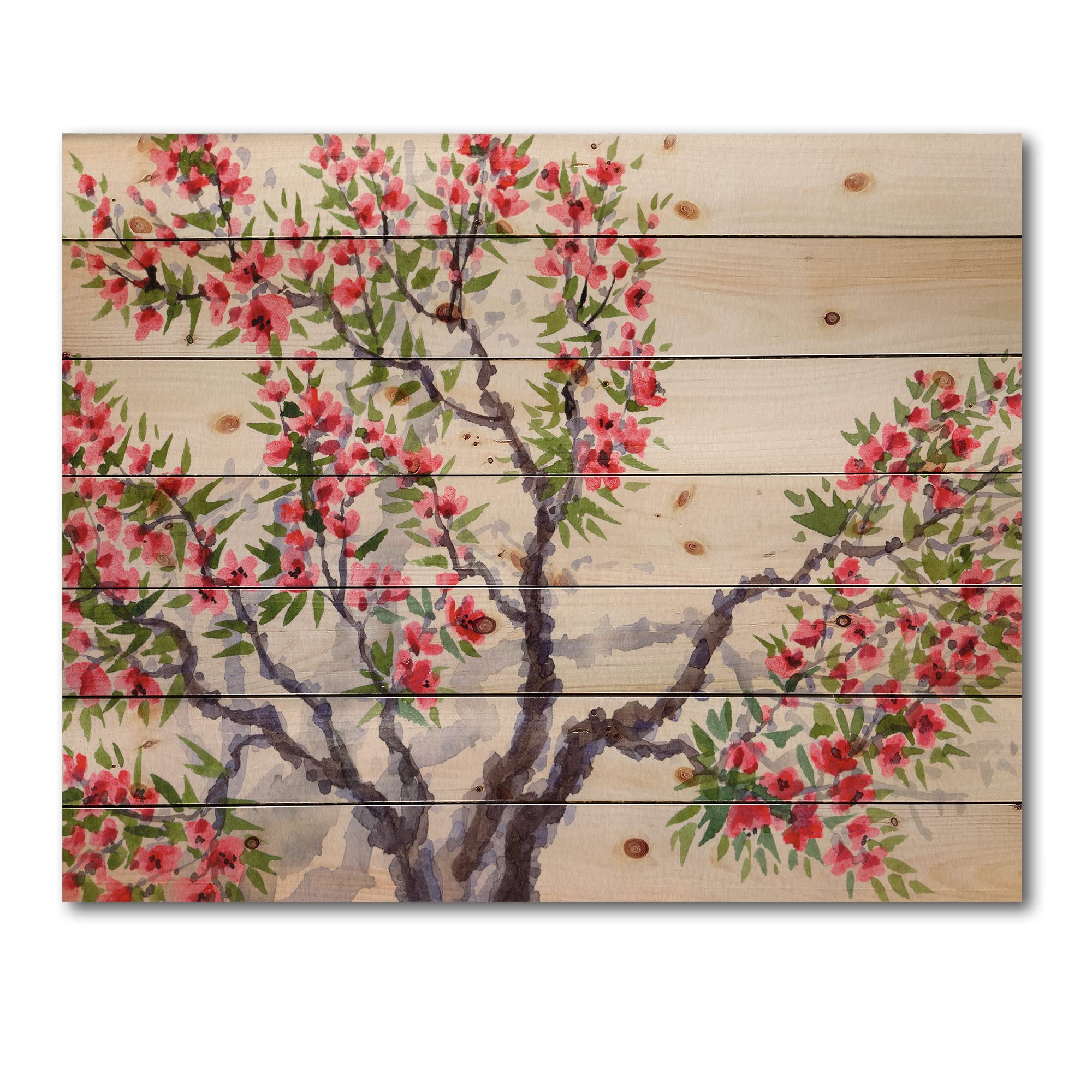Traditional Red Blossoming Tree Floral Wood Wall Art - Large Pine Wood Wall Decor Panel for Living Room, Bedroom & Office Decoration