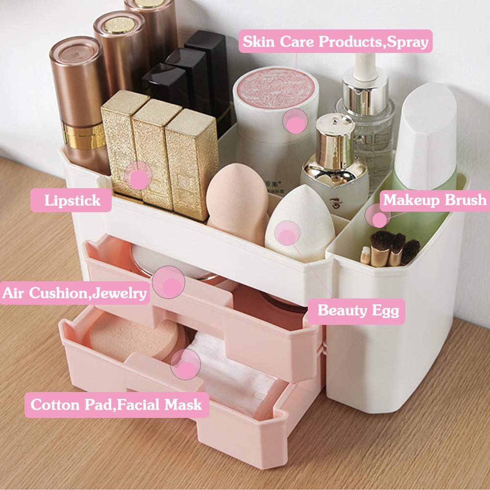 Stackable Makeup Organizer with Drawers - Pink Cosmetic Brush Storage Box for Vanity, Bathroom & Desk | Space-Saving Beauty Organizer | Perfect Gift for Women | Ideal for Travel, Home & Salon Use