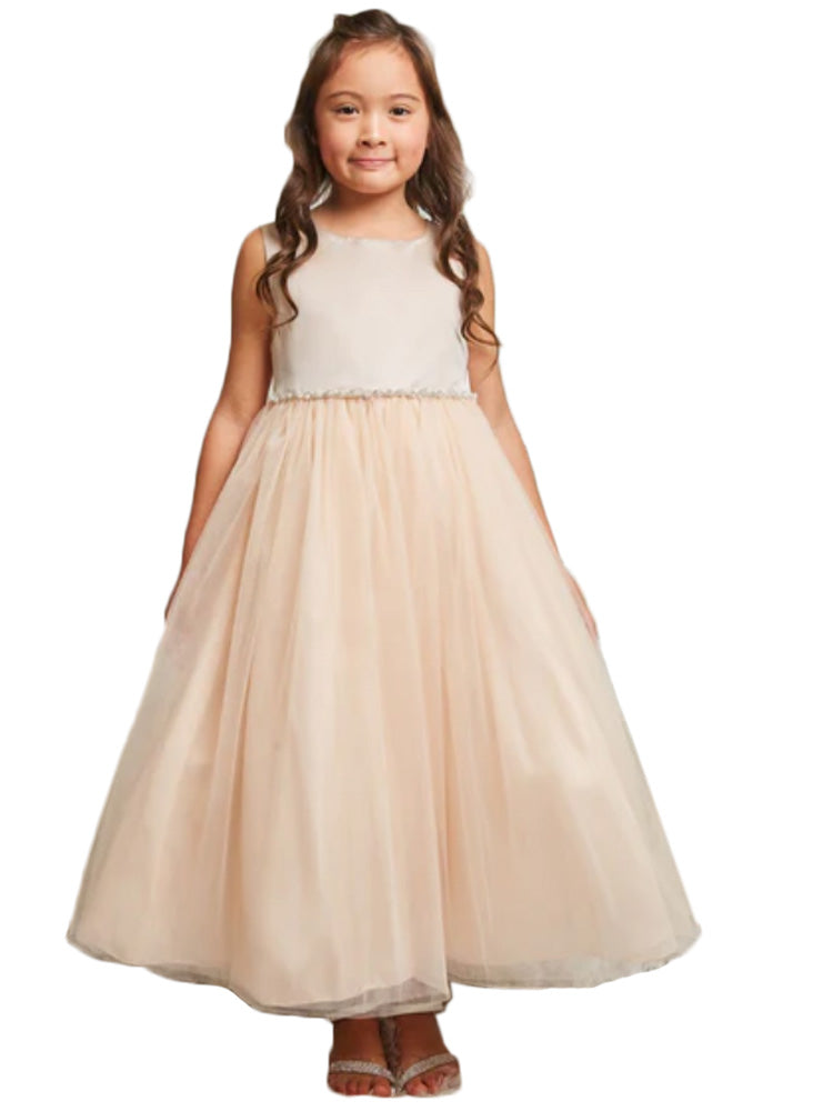 Big Girls Blush Satin Top Wavy Rhinestone Pearl Trim Dress Sizes 8-14 | Elegant Party & Prom Wear for Teens & Juniors