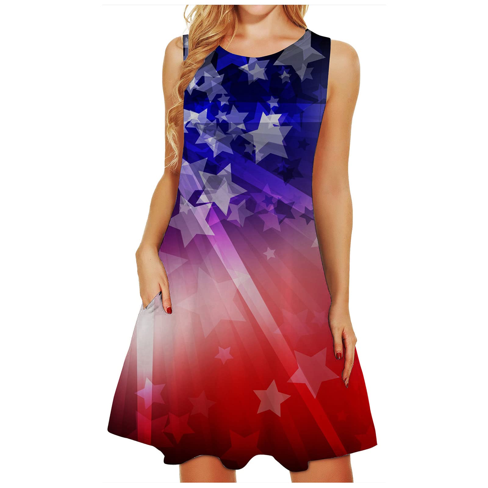 Women's Summer Casual T-Shirt Dress - American Flag Print Sleeveless Tank Mini Dress with Pocket | 4th of July Outfit, Beach Cover Up, Vacation Wear
