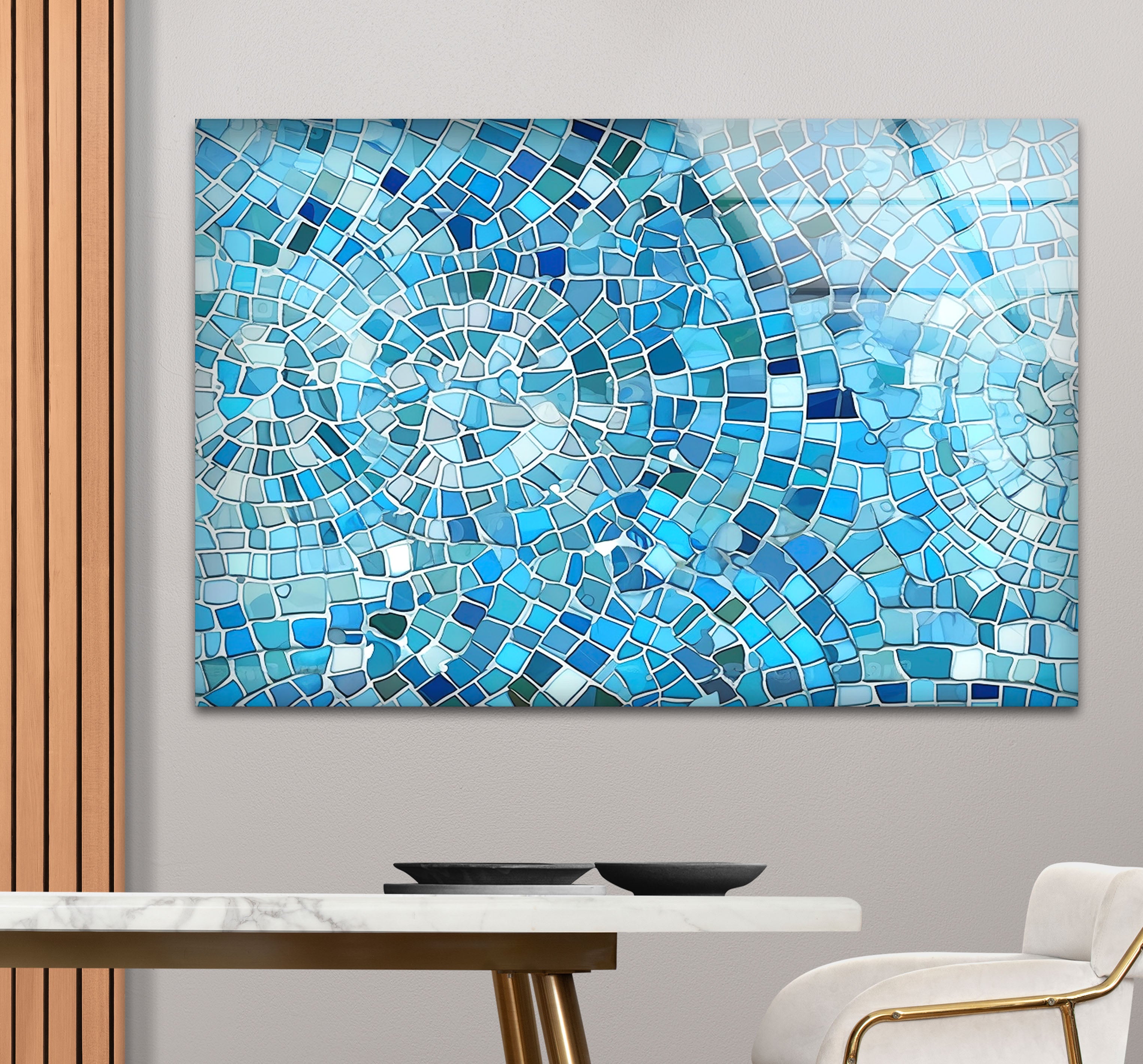 Aqua Blue Mosaic Glass Wall Art - Coastal Geometric Bathroom Decor for Spa, Beach House & Home - Perfect for Bathroom, Living Room, Bedroom Wall Decor