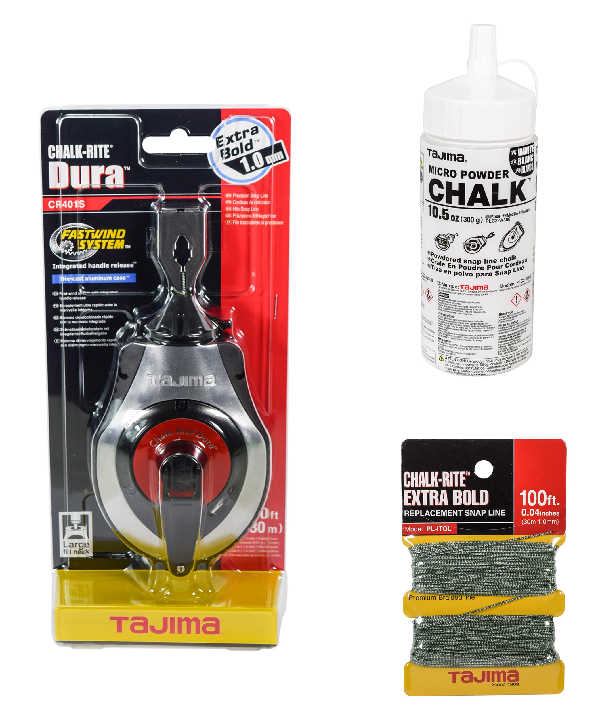 Tajima Chalk-Rite Dura 1mm Snap Line with Extra Bold Braided Replacement Line & 10.5oz Ultra-Fine White Chalk Powder - Professional Chalk Line Tool for Construction, Carpentry, Masonry and DIY Projects
