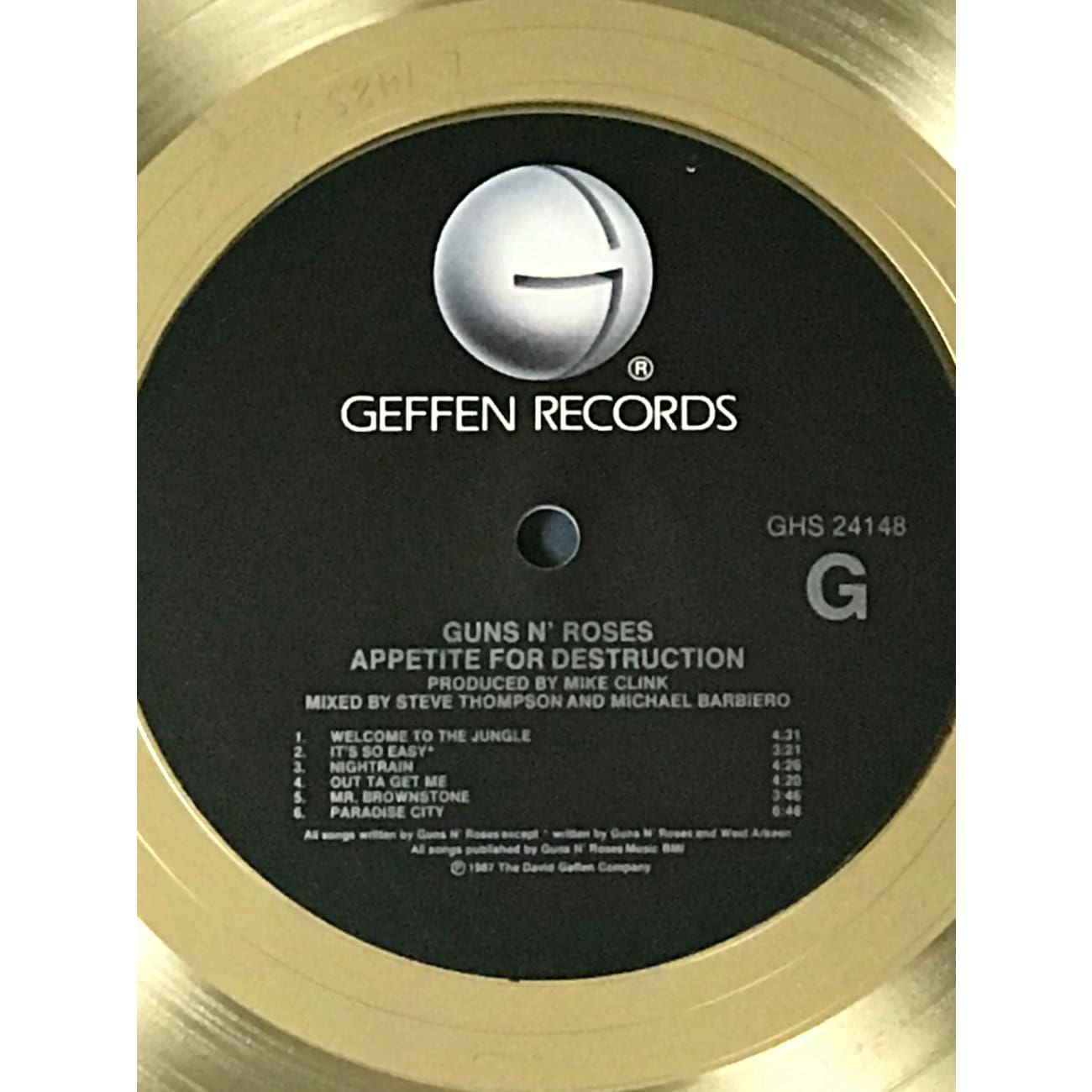 Guns N' Roses Appetite For Destruction RIAA Certified Gold LP Record - Perfect for Music Collectors, Rock Fans & Home Decor Display