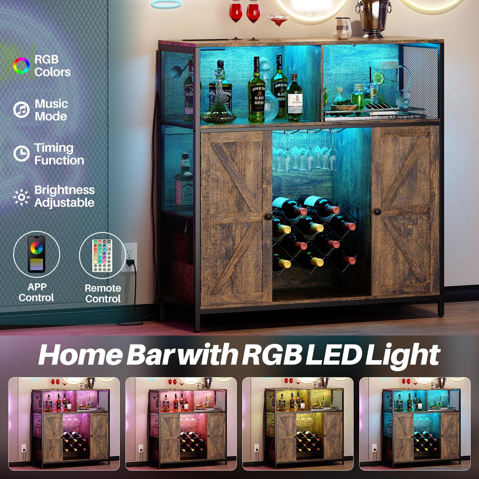 Redlife Industrial Wine Bar Cabinet with Power Outlets, LED Lights & Glass Holder - Modern Storage Buffet for Coffee & Wine Station - Perfect for Home Bar, Dining Room & Entertainment Areas