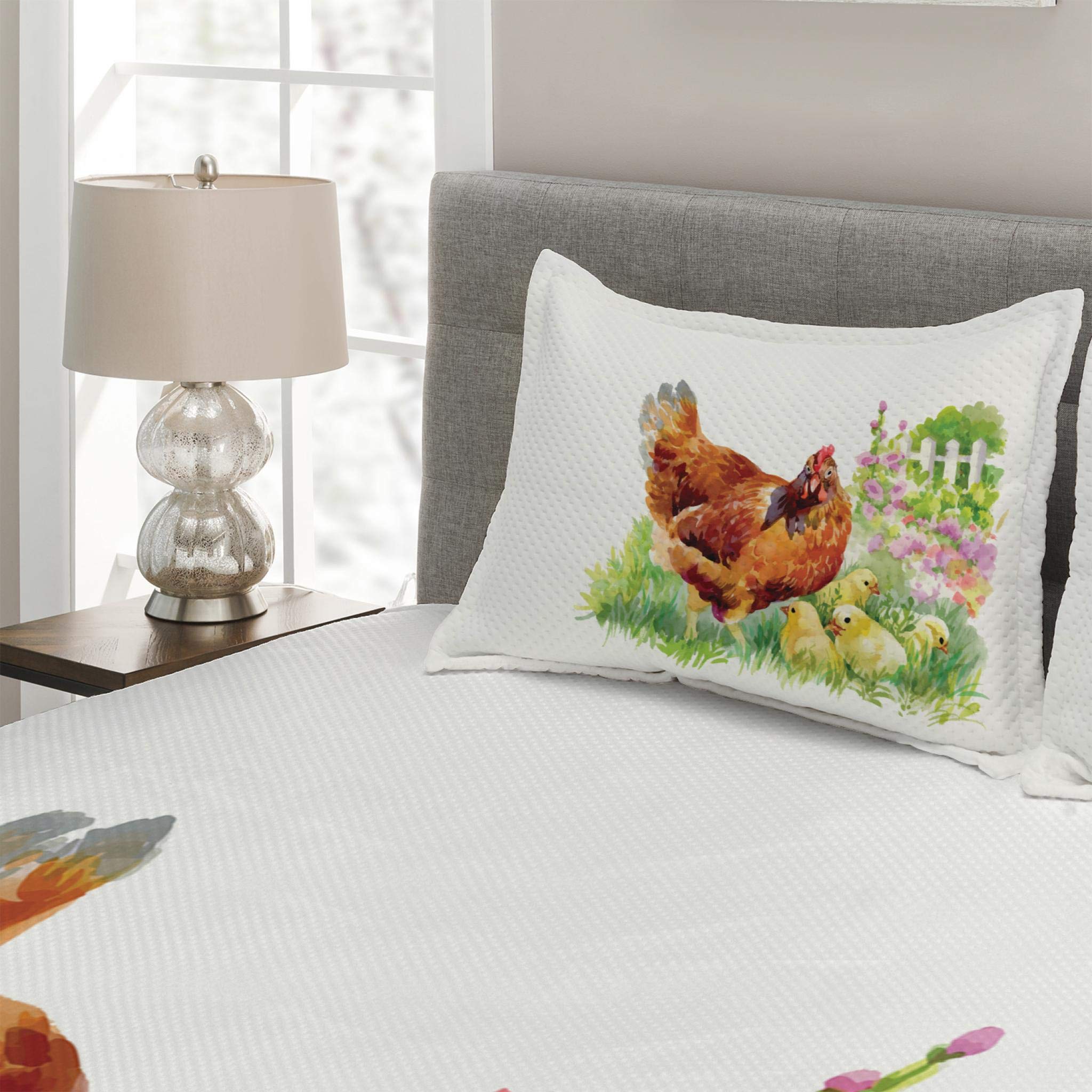 Lunarable Chicken Print Quilted Bedspread Set - 3 Piece King Size Coverlet with 2 Pillow Shams, Aquarelle Hen & Chicks Garden Design with White Fences & Pink Flowers | Farmhouse Decor for Master Bedroom, Guest Room & Cozy Farmhouse Style