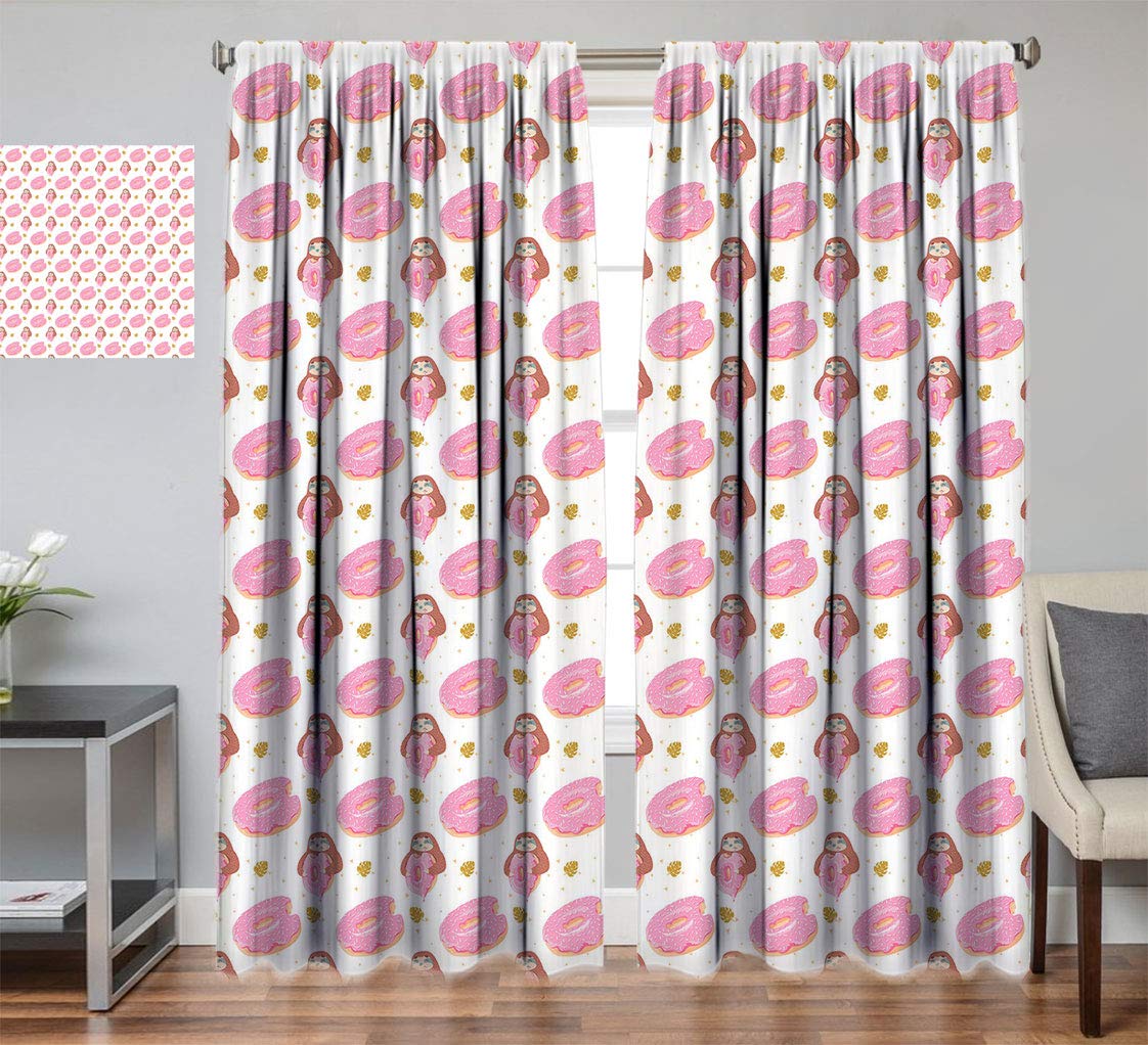 **Hydaprint Donut Decor Blackout Curtains - Pink Cartoon Sloth Donut & Tropical Leaves Design, 45