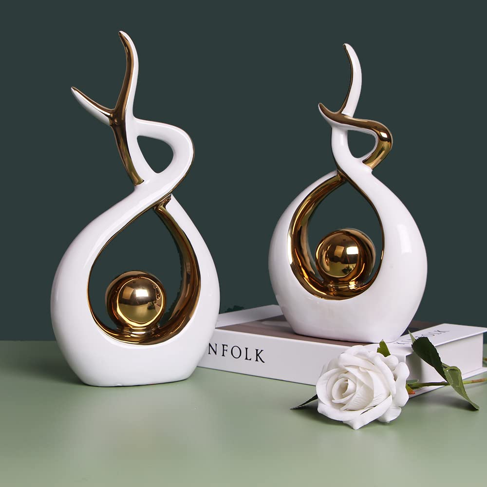 Modern Abstract Ceramic Statue - White & Gold Large Centerpiece for Dining Room, Living Room, Office & Home Decor
