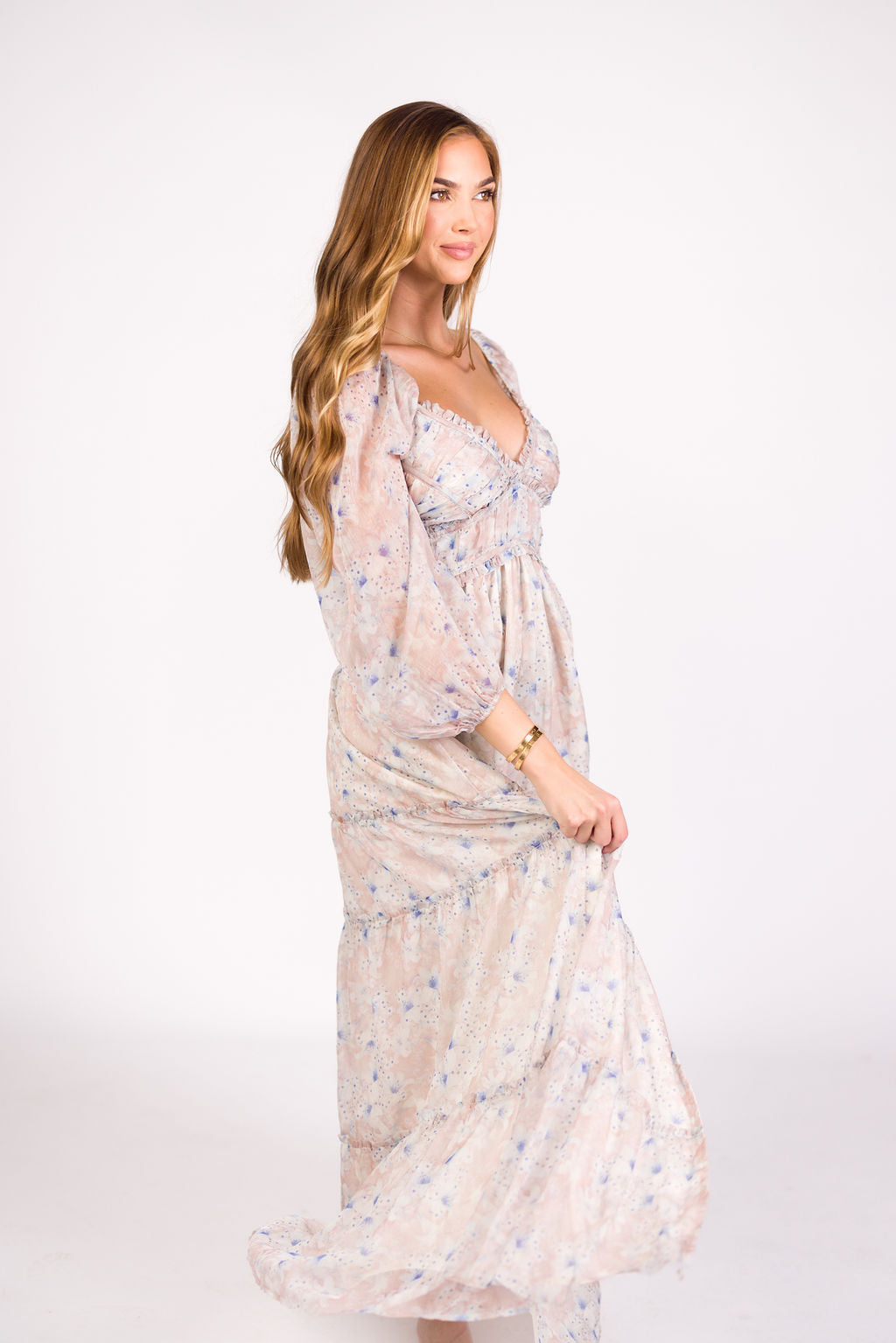 Bump Friendly Daphne Long Sleeve Maxi Dress - Floral Maternity Dress in Beige & Blue, Inclusive Sizing XS to 3XL | Perfect for Pregnancy, Nursing, and Special Occasions