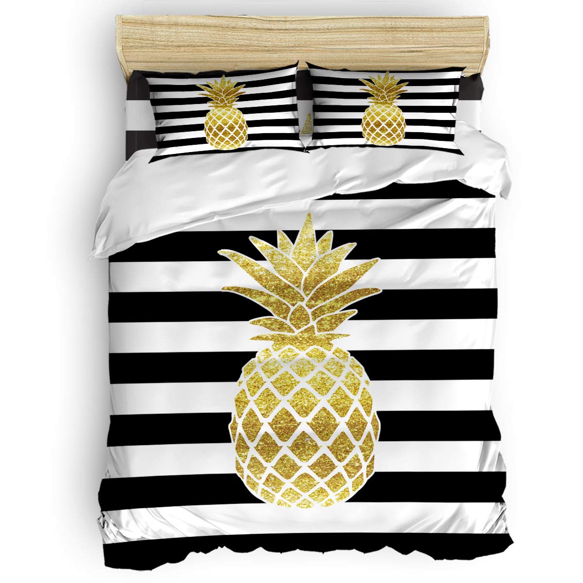 4-Piece Pineapple Duvet Cover Set - King Size Tropical Fruit Print with Zipper Closure & Corner Ties, Includes 2 Pillowcases & Flat Sheet - White & Black Stripes for Bedroom Decor | Perfect for Beach House, Summer Themed Rooms & Tropical Home Decor