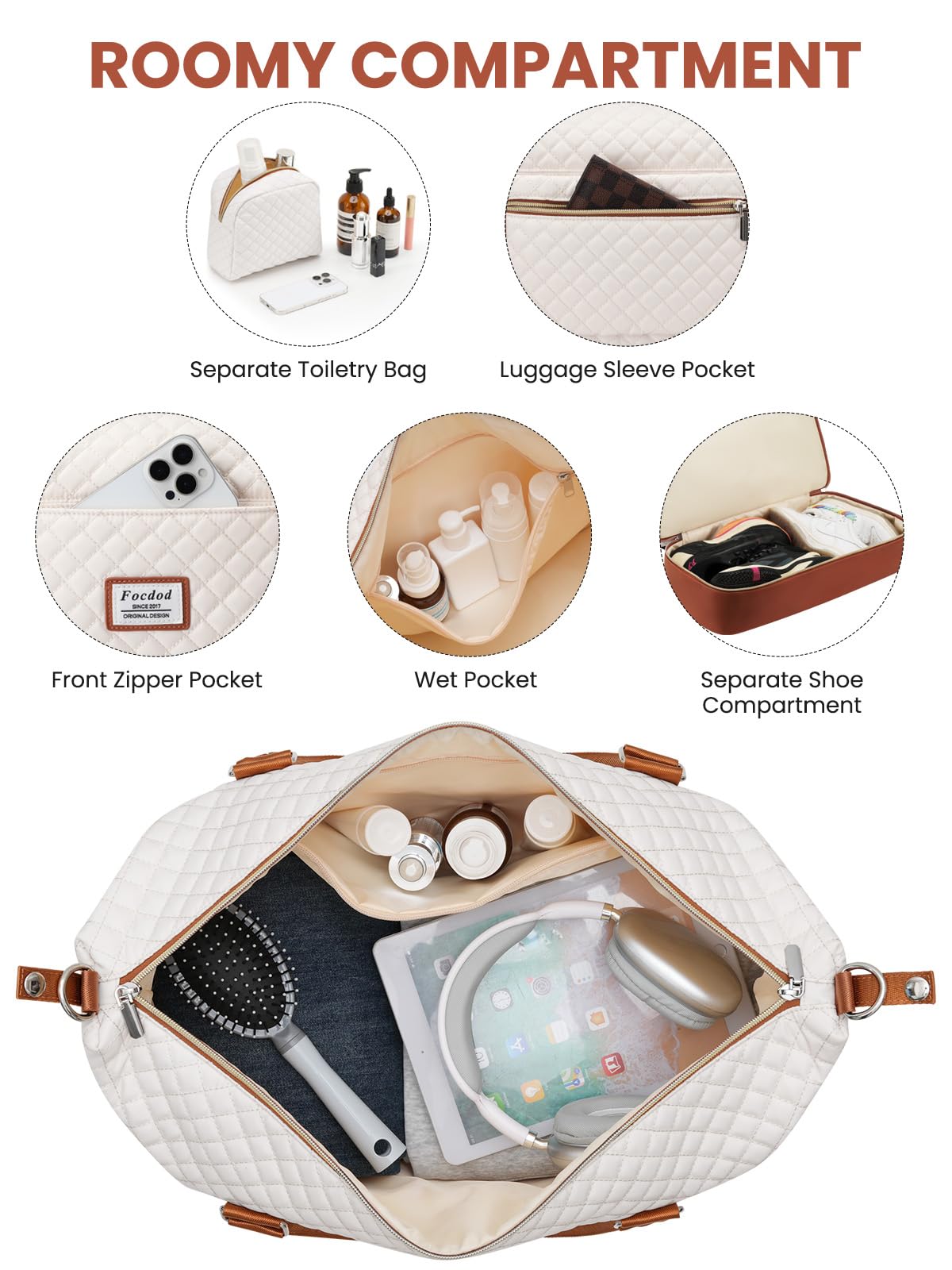 Women's Travel Weekender Duffle Bag with Shoe Compartment & Wet Pocket - Large Carry-On Overnight Bag with Toiletry Organizer - Perfect for Weekend Getaways, Hospital Visits, and Labor Delivery (Beige Brown)
