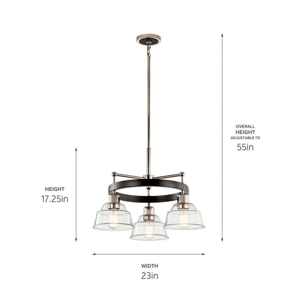 Kichler Eastmont 3-Light Chandelier - Clear Glass Shade, Polished Nickel & Walnut Wood Finish - Perfect for Dining Room, Bedroom or Entryway Lighting