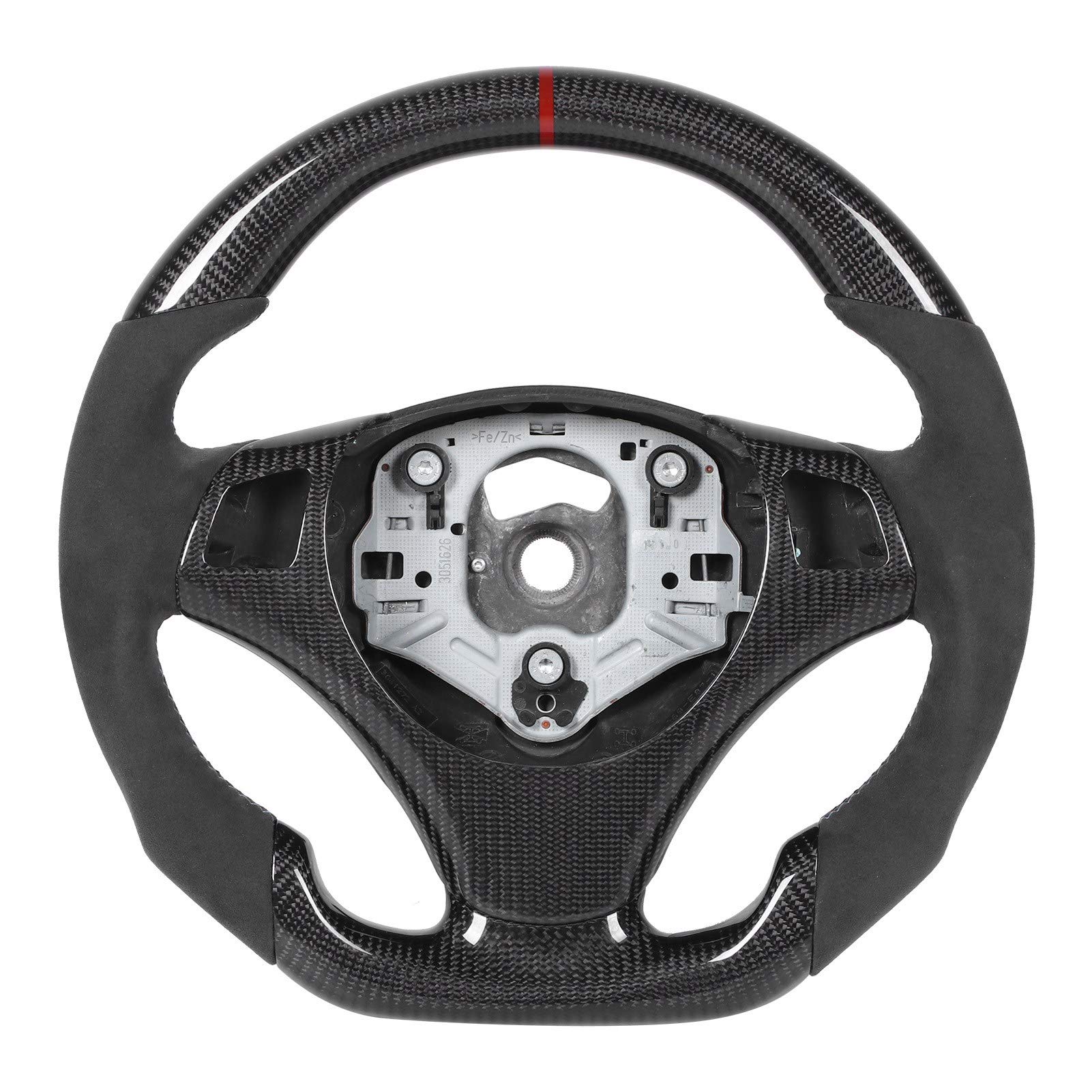 Carbon Fiber & Suede Flat Bottom Steering Wheel with Red Stripe - Compatible with BMW 3 Series E90 E92 E93 M3 E82 E88 (2006-2013) - Perfect for Racing & Performance Driving Upgrades