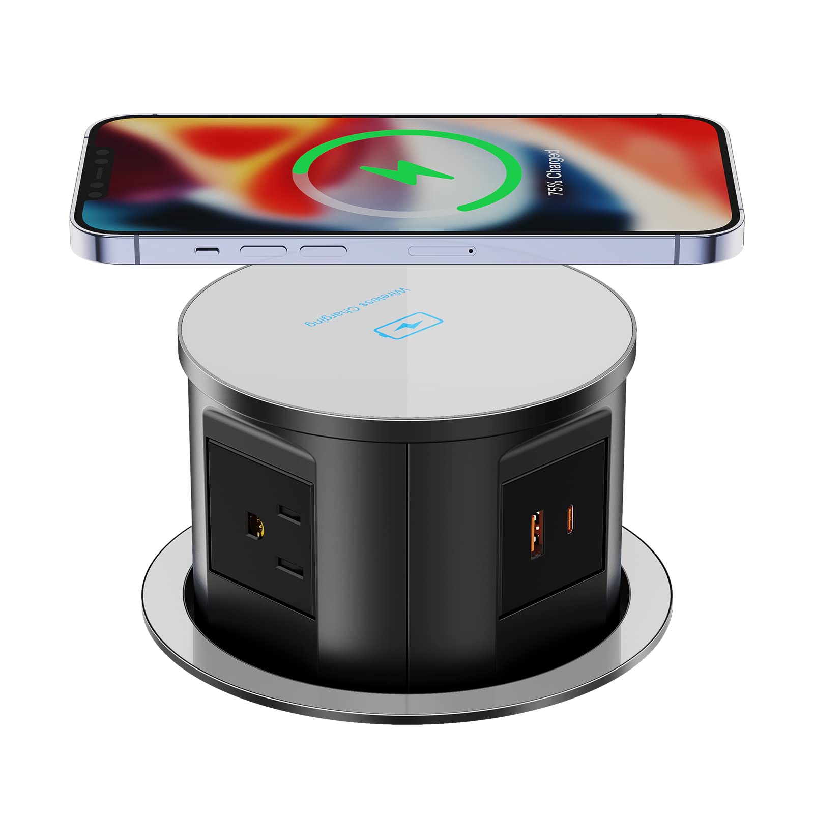 Retractable Recessed Power Strip with 18W Wireless Charger - 4 AC Outlets, 1 USB-A & 1 USB-C Port - Hidden Pop Up Outlet for Kitchen Countertop (Black) - Perfect for Small Appliances, Phone Charging & Clutter-Free Workspaces
