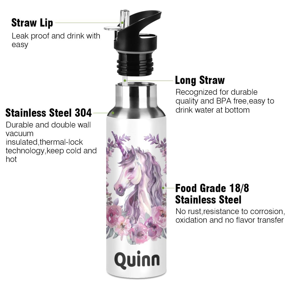 Personalized Floral Unicorn Stainless Steel Water Bottle 20 oz - Custom Name Insulated Double Wall Sport Flask for Kids, Gym, Hiking & Outdoor Activities