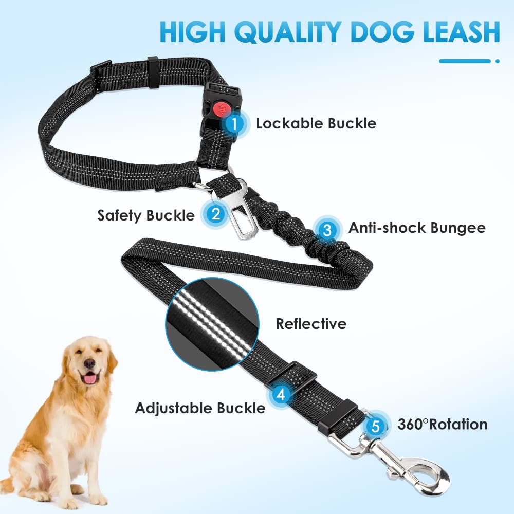 SlowTon 2-Pack Adjustable Dog Seat Belt for Cars - Elastic Bungee Buffer Safety Harness with Reflective Tether (Black) | Headrest + Clip Attachment | Perfect for Road Trips & Pet Travel Safety