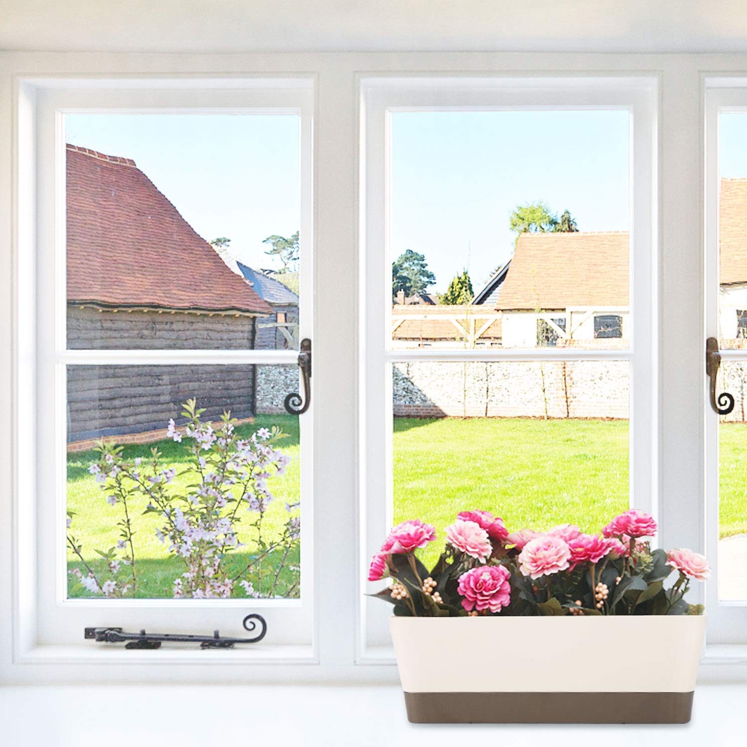 SUREAM 3 Pack Indoor Window Box Planter - 12x3.8 Inch Rectangle Herb Planter with Drainage Tray, Modern Small Plastic Flower Pot for Succulents, Cactus, Herbs - Perfect for Window Sill, Garden Balcony, Office Shelf & Home Decor