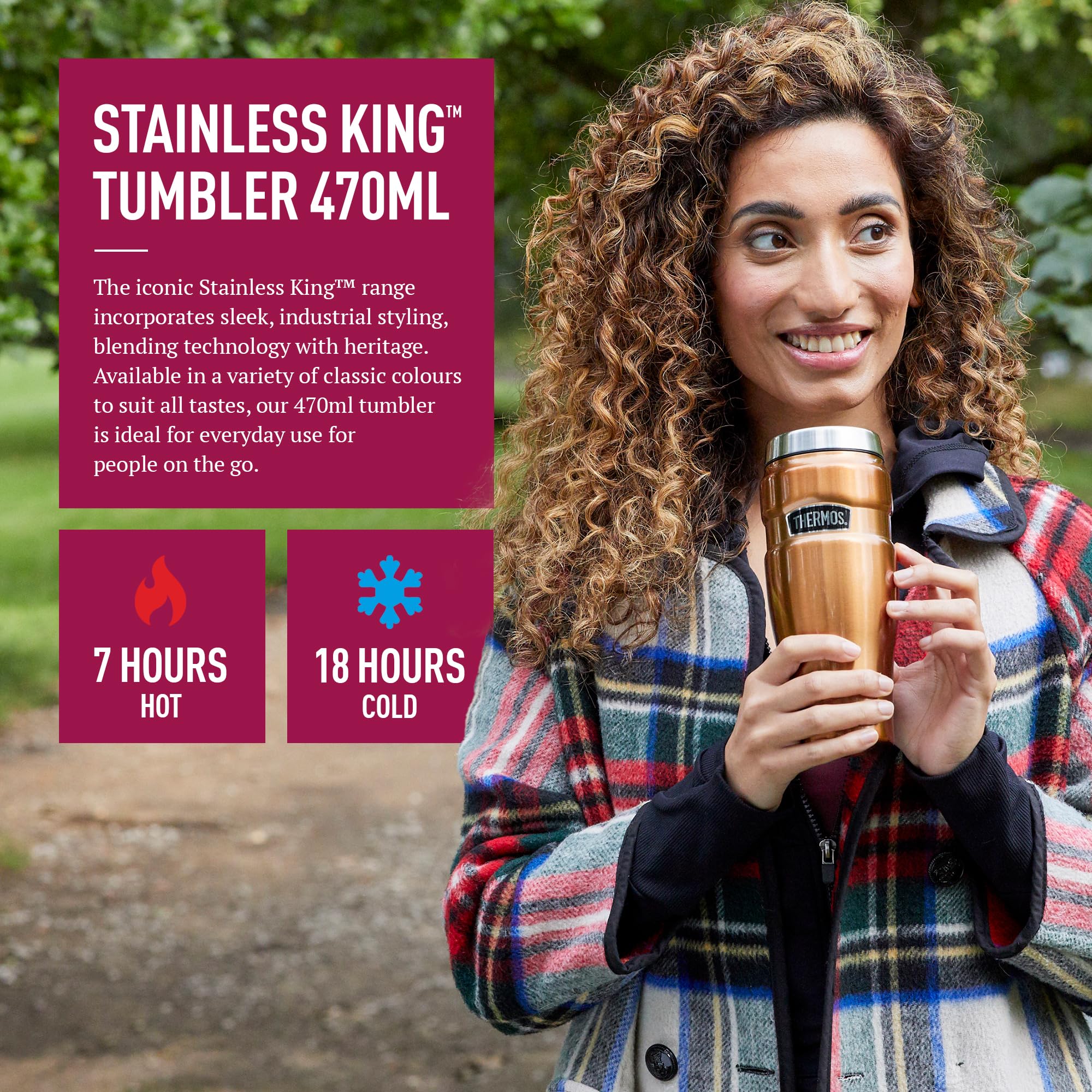 Thermos Stainless King Vacuum Insulated Travel Tumbler - 16oz (470ml) Double-Wall Insulation Keeps Drinks Hot/Cold for Hours - Perfect for Commuting, Camping & Outdoor Adventures - Raspberry Red