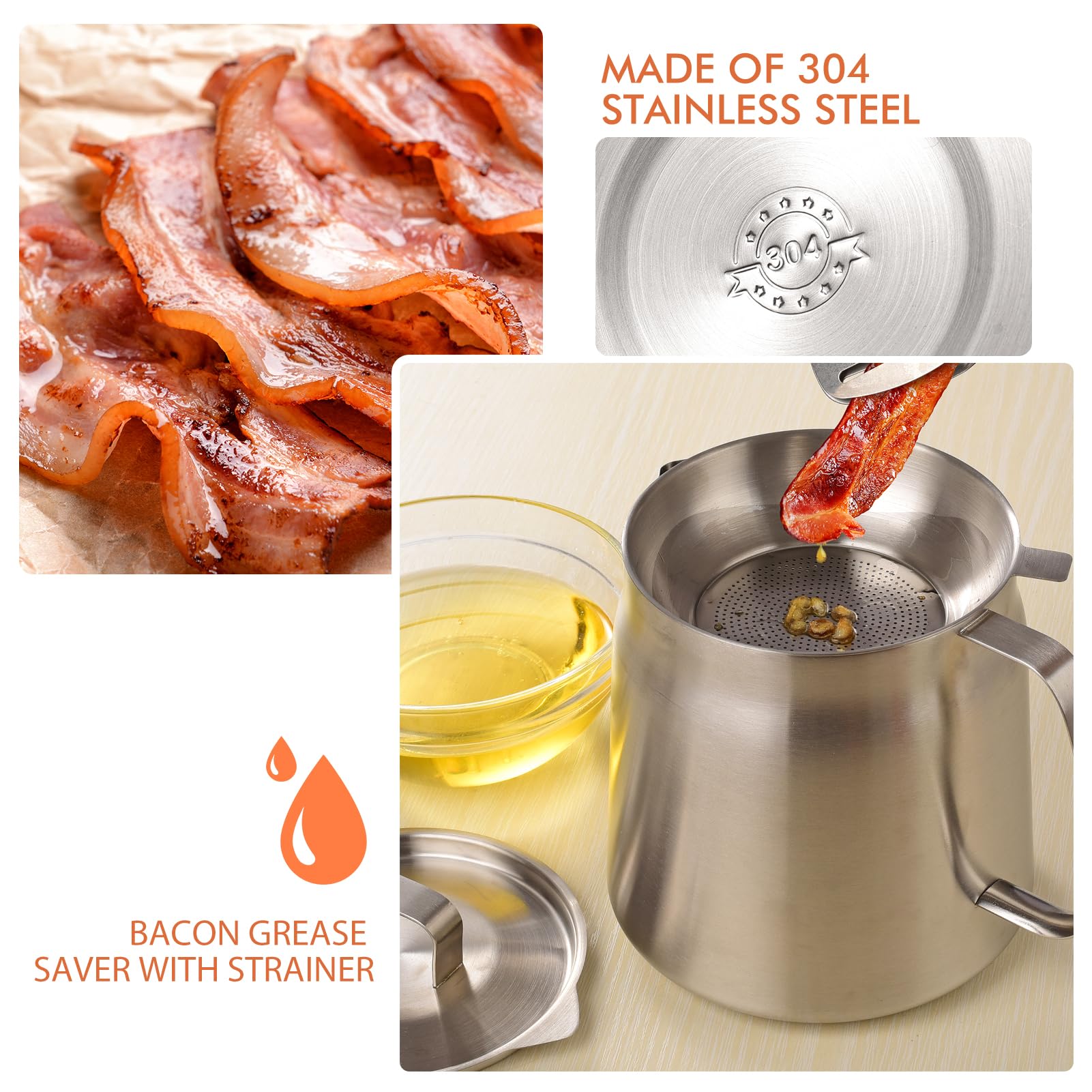2L Stainless Steel Oil Filter Pot with Strainer - Large Capacity Bacon Grease Saver, Fine Mesh Removable Cooking Oil Filter & Frying Basket - Perfect for Kitchen, Storing Grease, Deep Frying, and Food Preparation