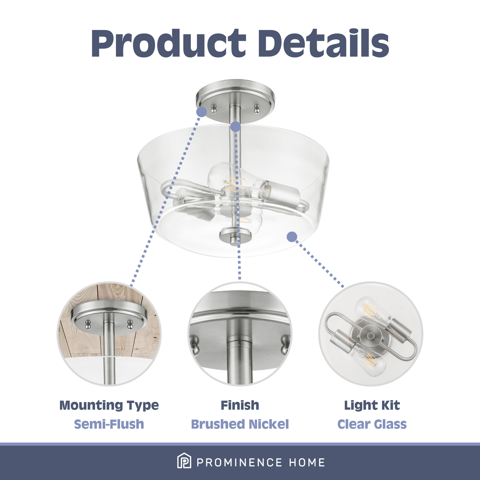Viktoria Semi Flushmount Ceiling Light Fixture - Brushed Nickel Finish - Modern Lighting for Bedroom, Hallway, or Entryway