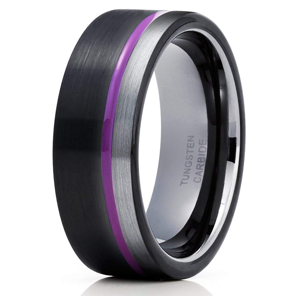 Purple & Black Tungsten Carbide Wedding Ring for Men - Comfort Fit Anniversary Band - Durable Gunmetal Tungsten Ring for Everyday Wear & Special Occasions