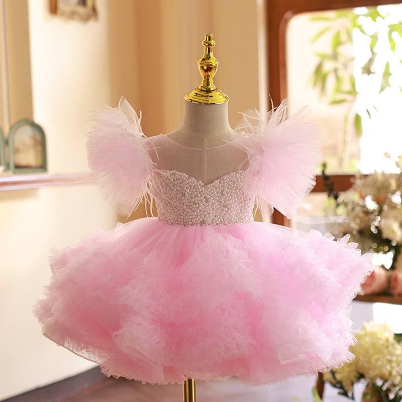 Elegant Baby Girl Birthday Party Dress - Pearl Embellished Chiffon Princess Gown with Back Zipper | Perfect for 1st Birthday, Photoshoots & Special Occasions