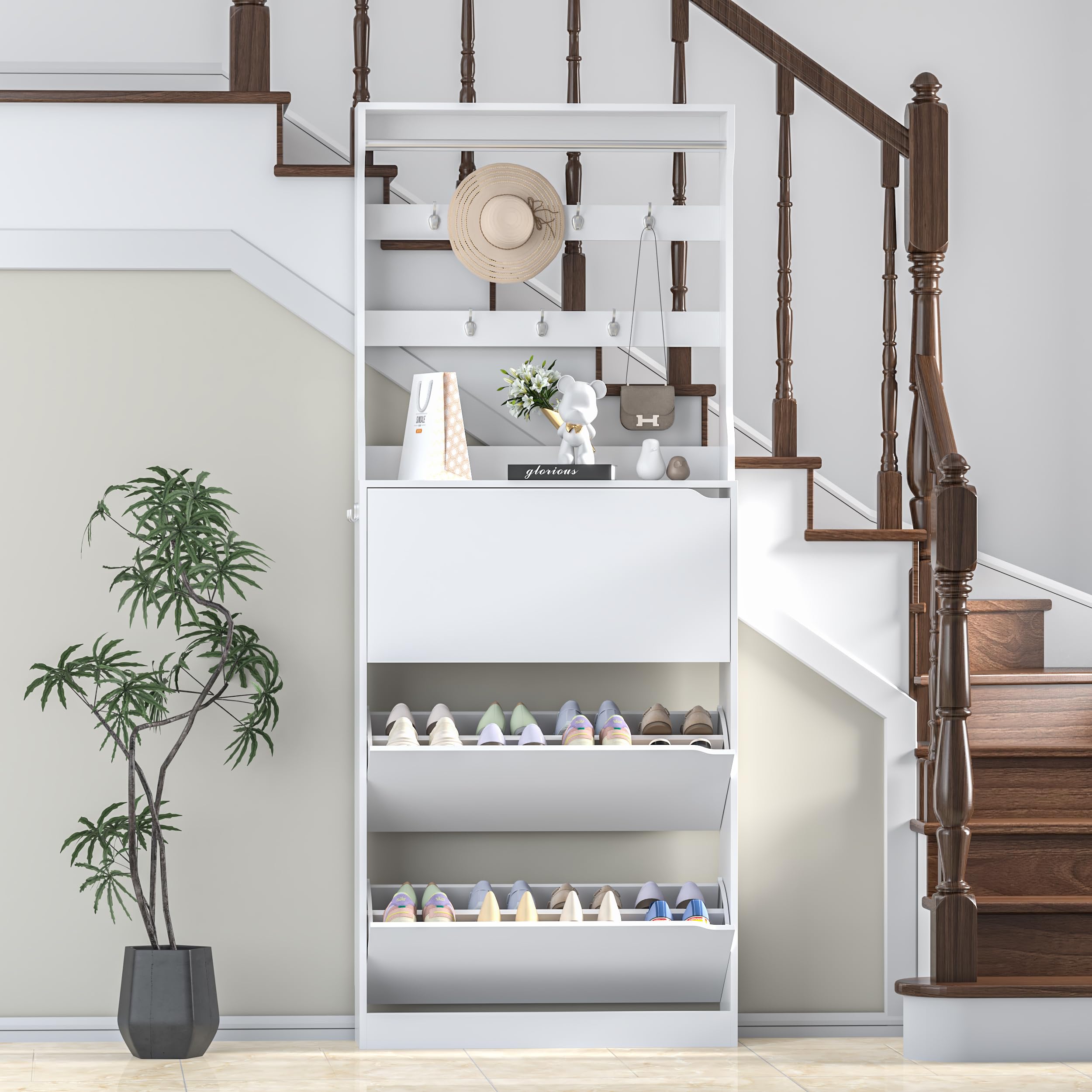 Modern White Slim Shoe Storage Cabinet with 3 Flip Drawers & Coat Rack - Freestanding Narrow Entryway Organizer for Hallway, Living Room & Bedroom - Space Saving Wooden Shoe Rack for Home Décor