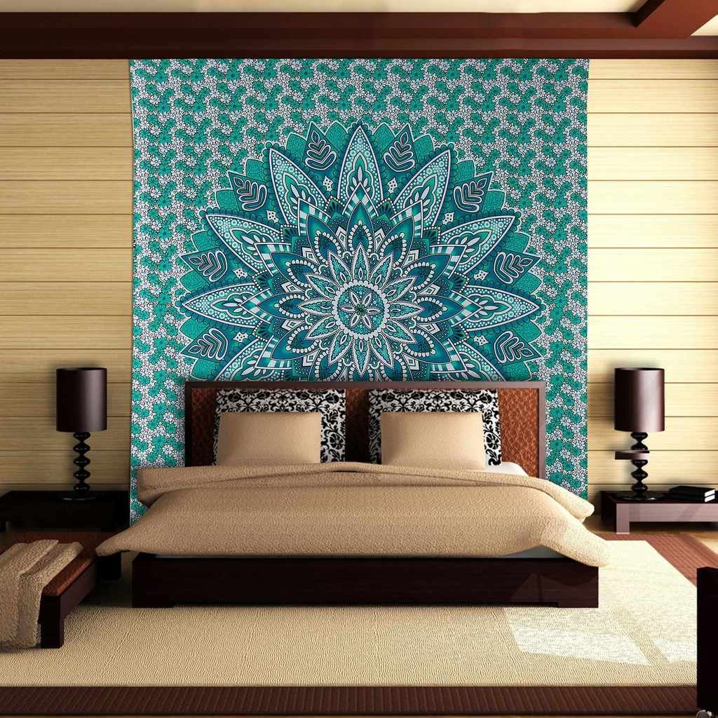 Green Mandala Tapestry Queen Size - 100% Cotton Printed Bohemian Beach Throw Blanket, Wall Hanging & Room Divider for Bedroom Decor, Yoga Meditation Space & Outdoor Picnic Accessories