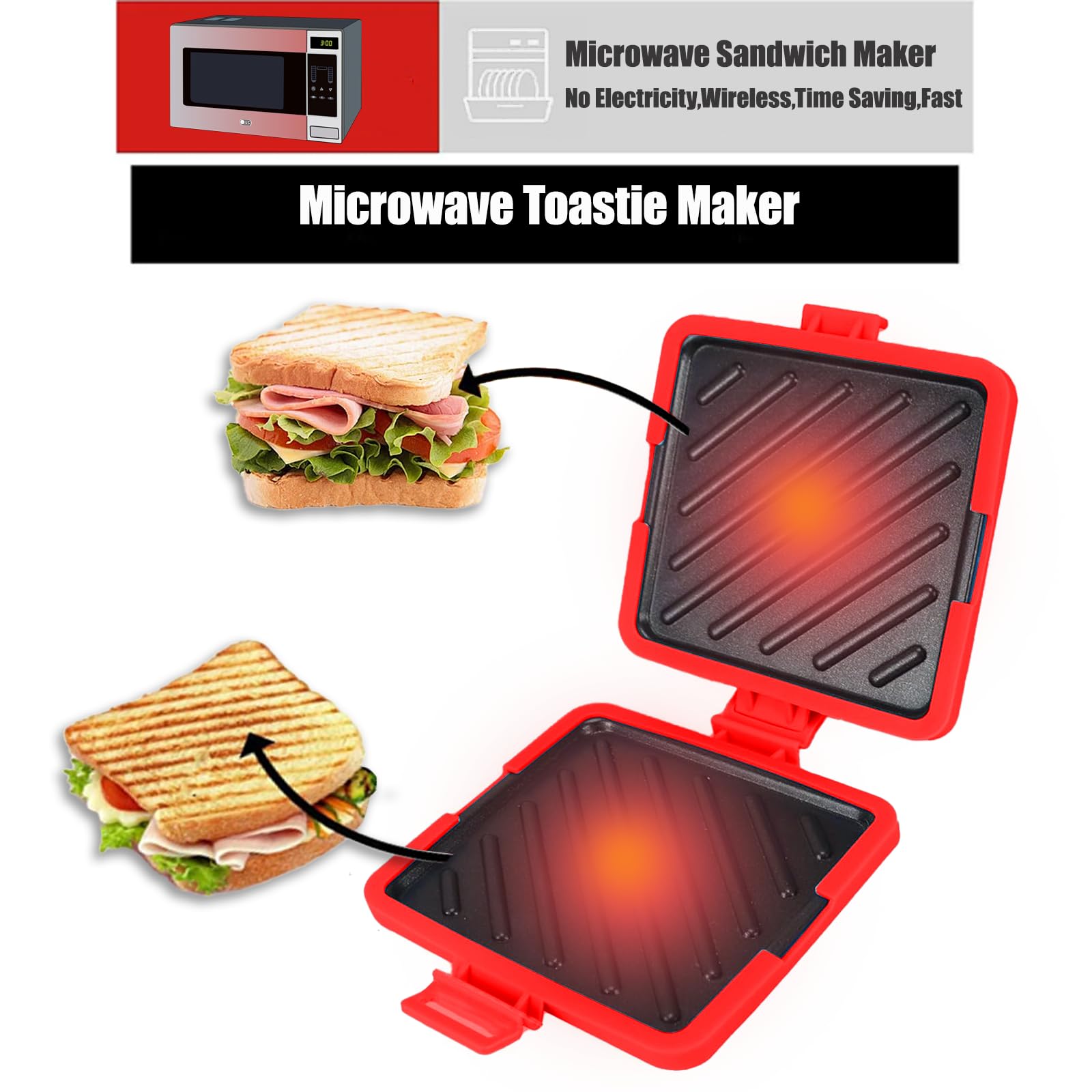 Microwave Toastie Maker - Adjustable Silicone Straps Sandwich Maker for Quick & Easy Grilled Cheese, Paninis - No Electricity Needed, Fast Cooking, Perfect for Dorms, Office & Camping (Red)