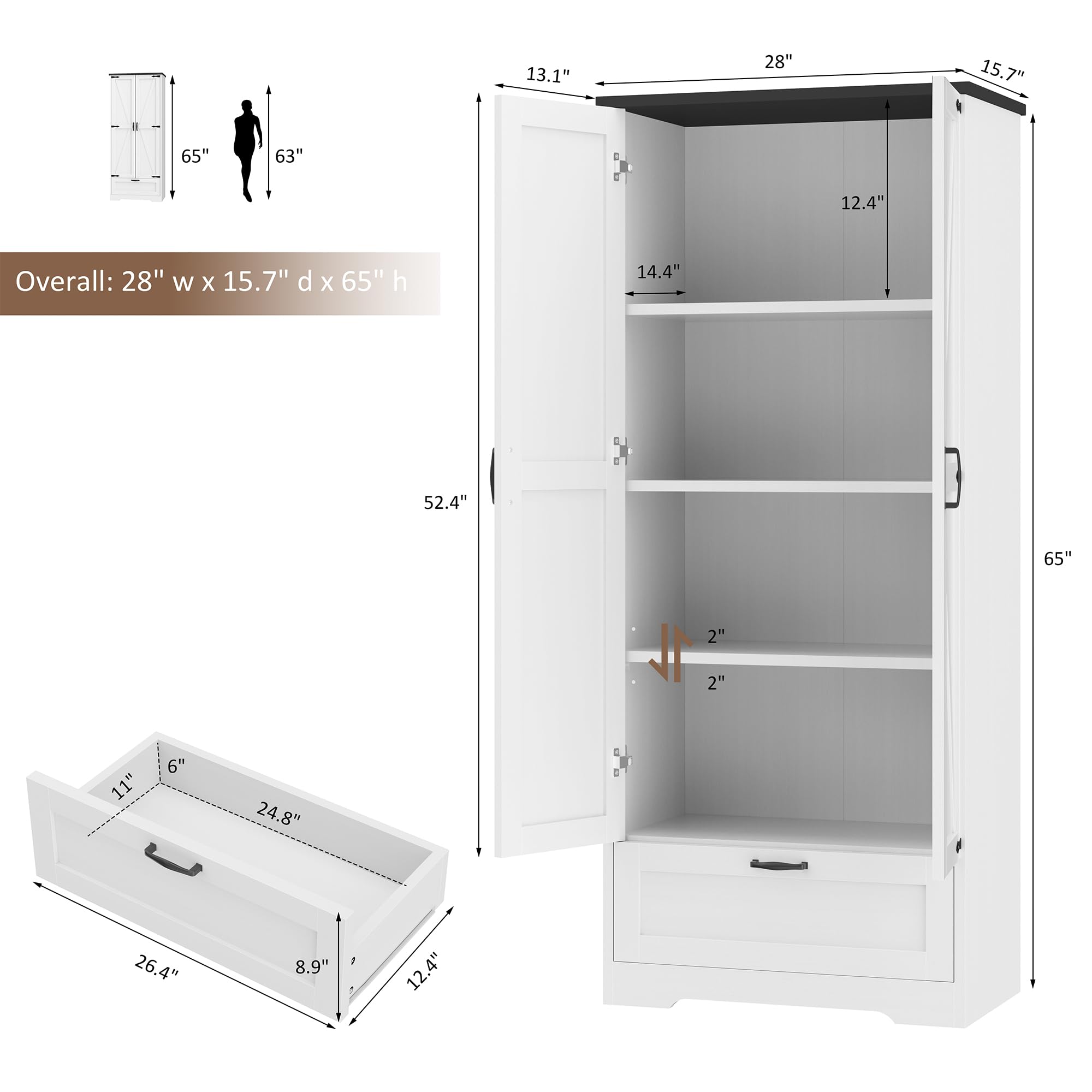 Shintenchi White Farmhouse Kitchen Pantry Cabinet - Freestanding Storage Cupboard with 4 Adjustable Shelves & 1 Drawer - Perfect for Organizing Kitchen, Dining Room, Bathroom or Living Room - Ideal for Storing Dishes, Linens, Towels & Home Essentials