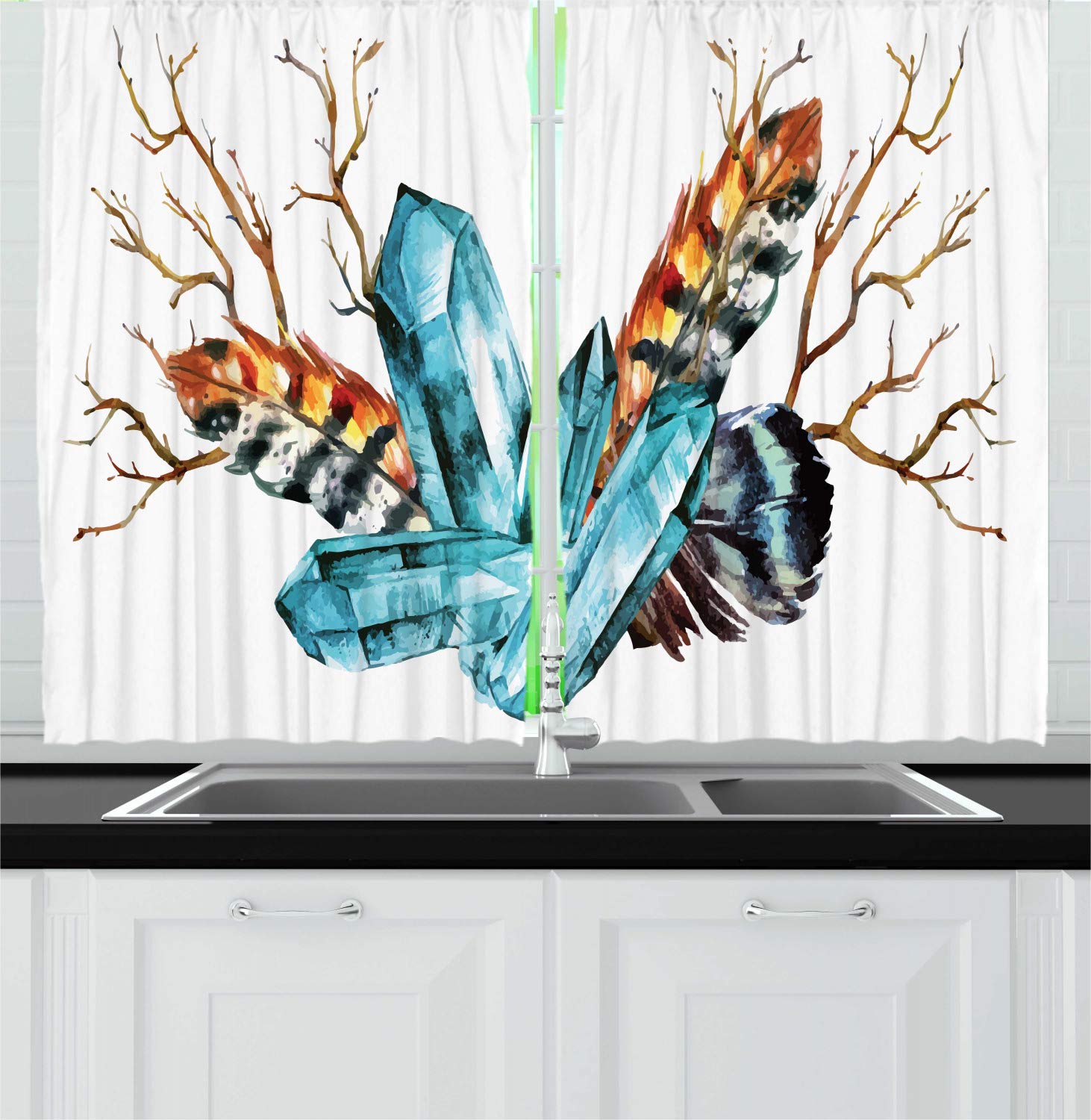 Bohemian Kitchen Curtains Set of 2 - Boho Feathers & Crystals with Tree Branches Print, 55