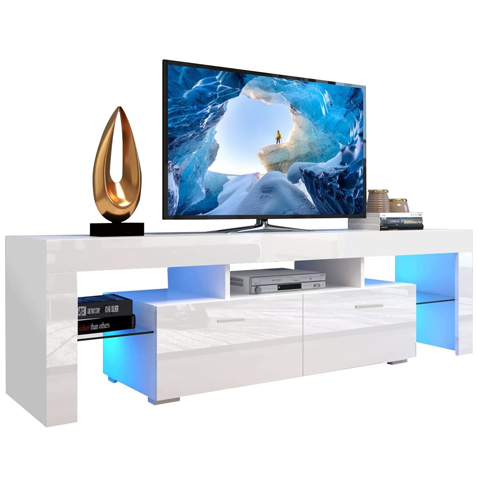 70 Inch White TV Stand with 16-Color LED Lights - High Gloss Entertainment Center with Large Storage Cabinet & Glass Shelves - Perfect for Living Room, Bedroom & Home Theater Setup