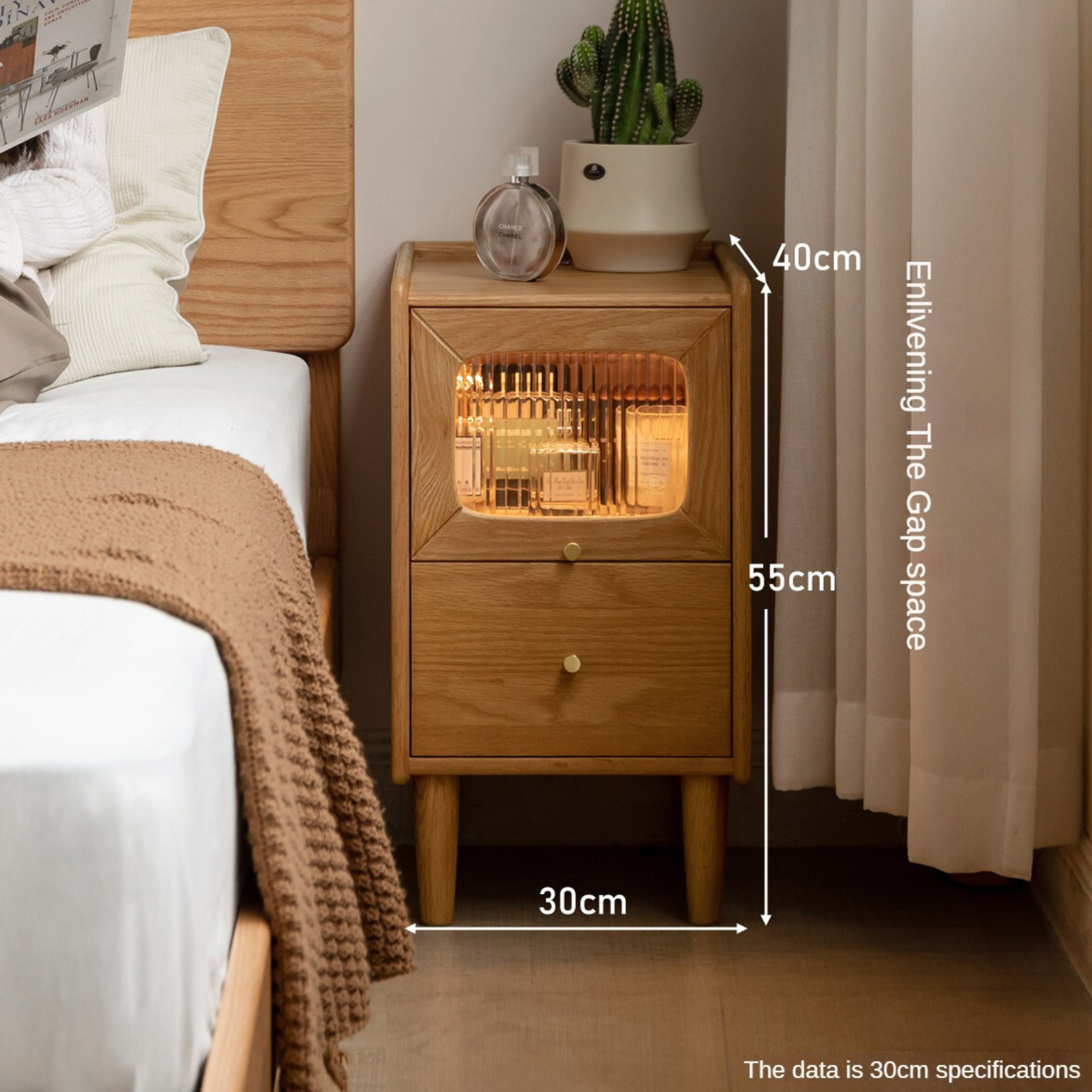 Solid Oak Wood Nightstand with Built-in LED Light - Modern Bedside Table for Bedroom, Living Room, or Office