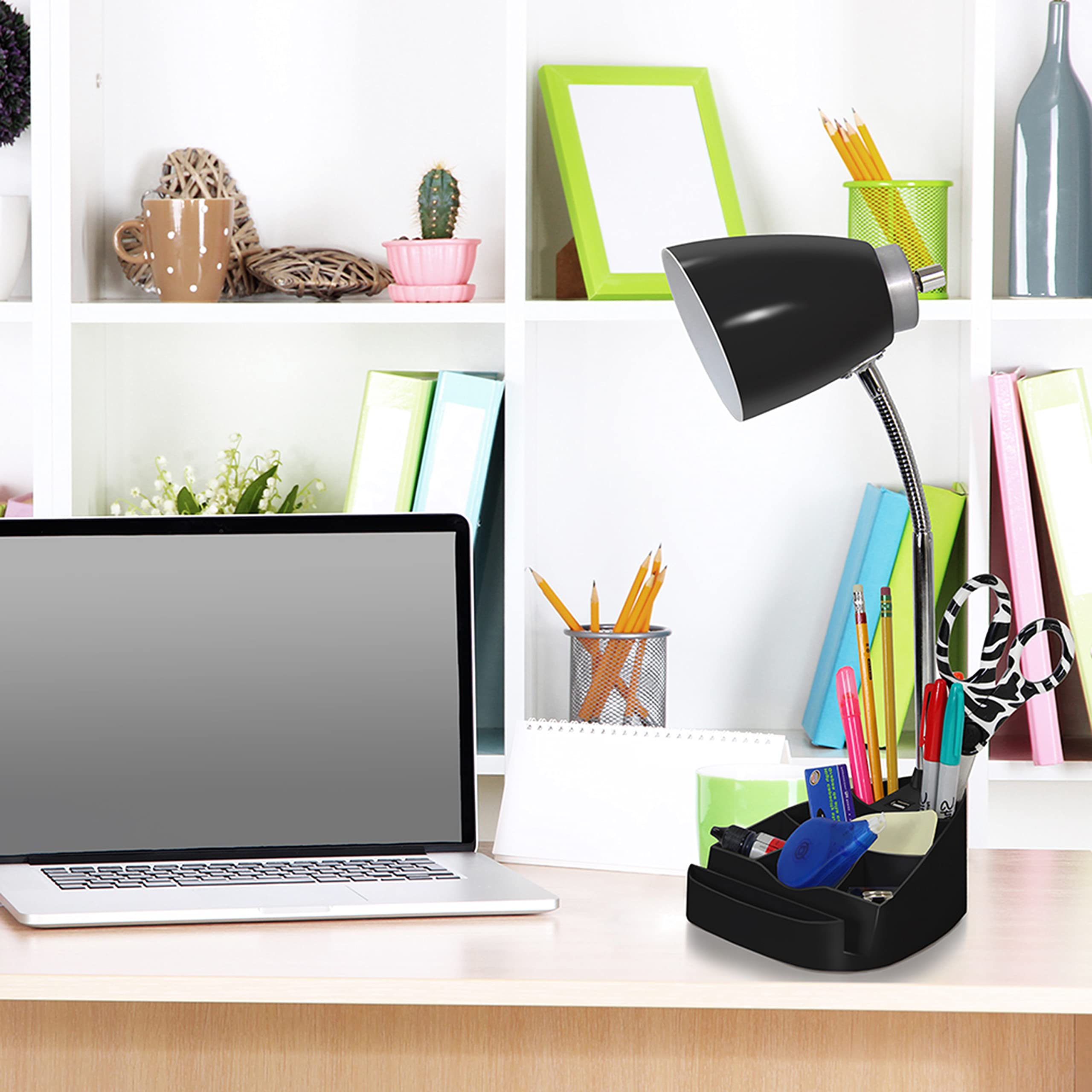 Simple Designs LD1056-BLK Adjustable Gooseneck Desk Lamp with iPad/Tablet Stand, Book Holder & USB Charging Port - Black (6-Pack) - Perfect for Home Office, Study, Reading & Dorm Room Lighting