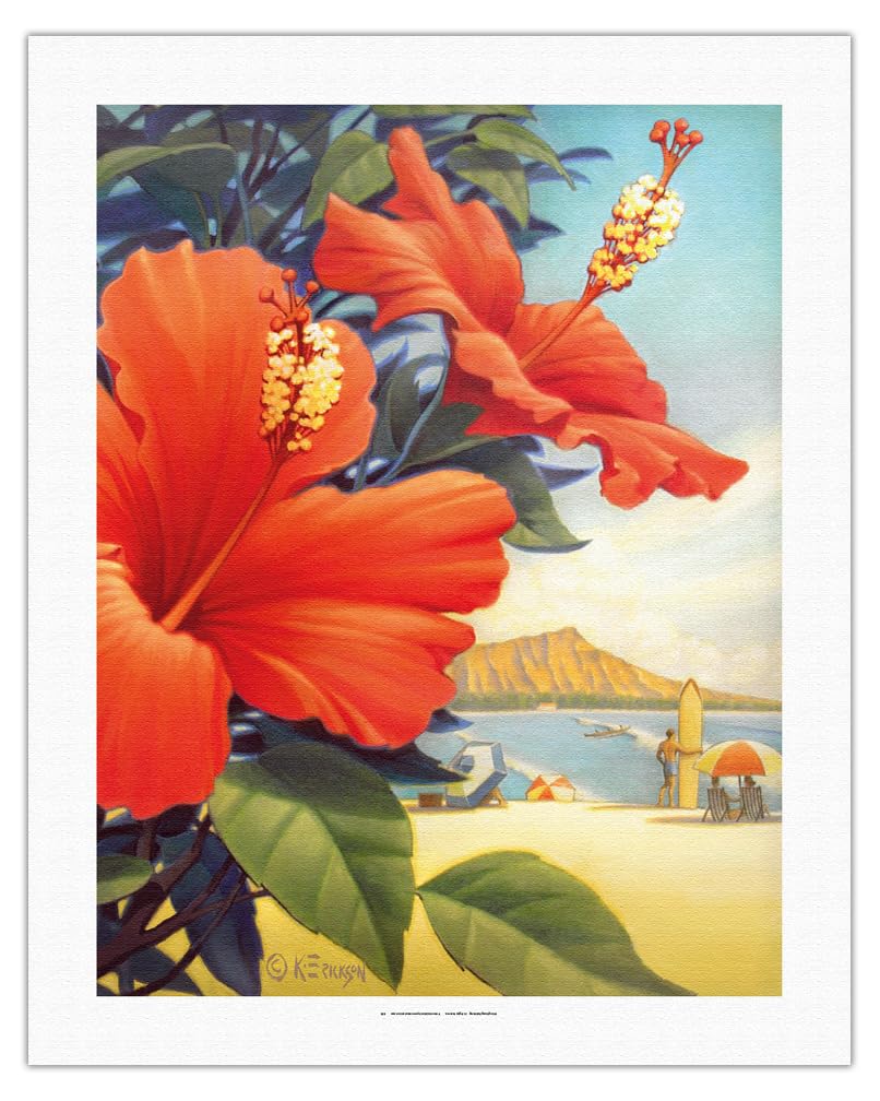 Vintage Hawaiian Travel Poster - Kerne Erickson Waikiki Beach Red Hibiscus Fine Art Canvas Print 20x26 Inch - Perfect for Beach House Decor, Tropical Wall Art & Hawaiian Theme Room