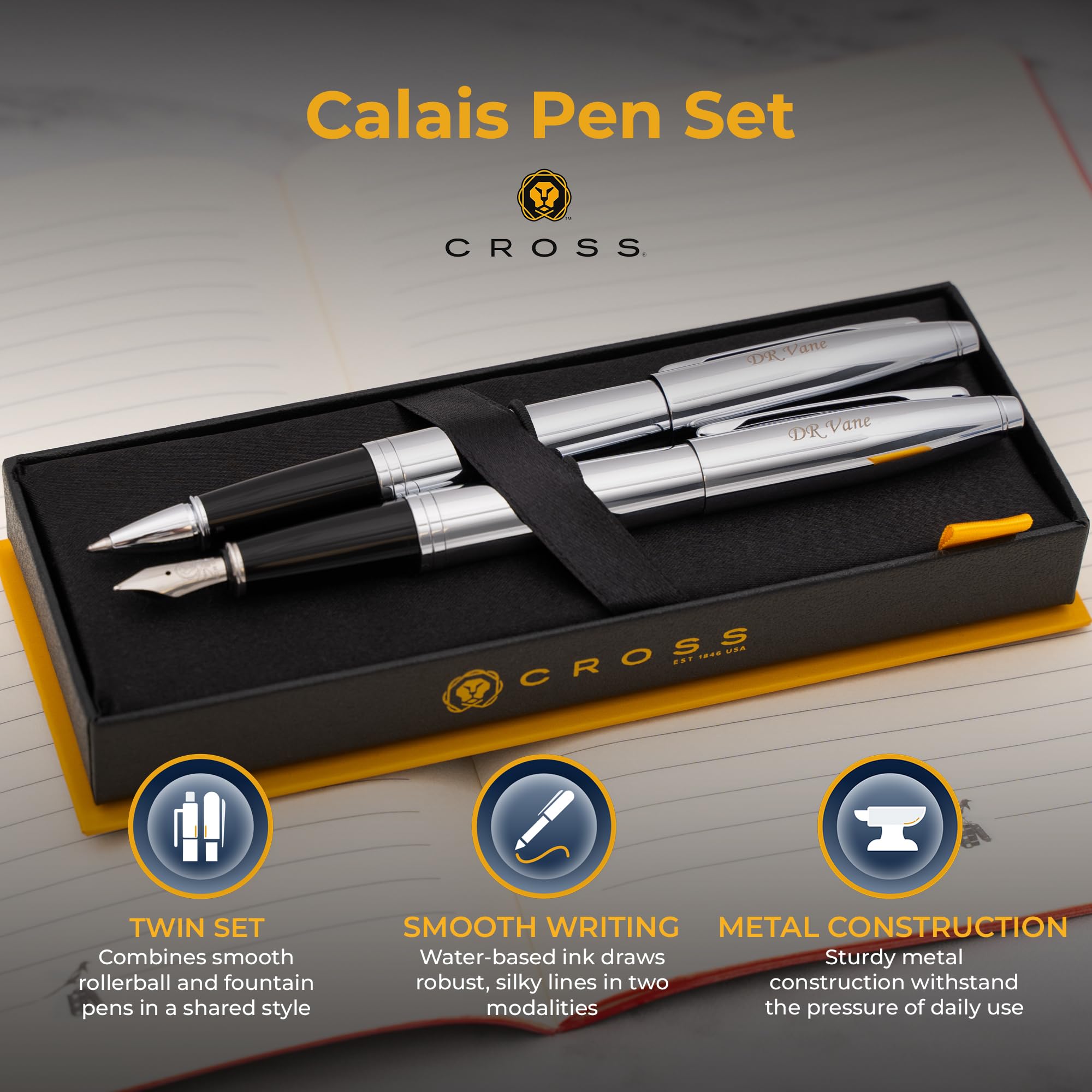Premium Cross Pen Set - Engraved Cross Calais Rollerball & Fountain Pen Gift Set in Chrome | Personalized Engraving, Starter Ink, Gift Box Included | Perfect for Graduation, Corporate Gifts & Special Occasions