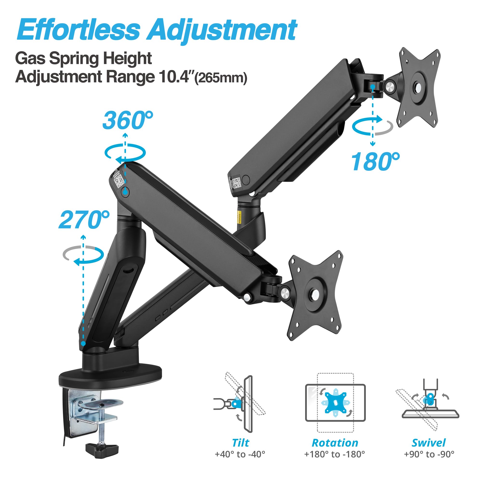 AVLT Dual 27”-43” RGB Gaming Monitor Arm Desk Mount with 20 Lighting Modes & Touch Control - Adjustable Stand for Flat/Curved/Ultrawide Screens - Height, Swivel & Tilt Rotation - Black | Perfect for Gaming Setup & Home Office Workstation
