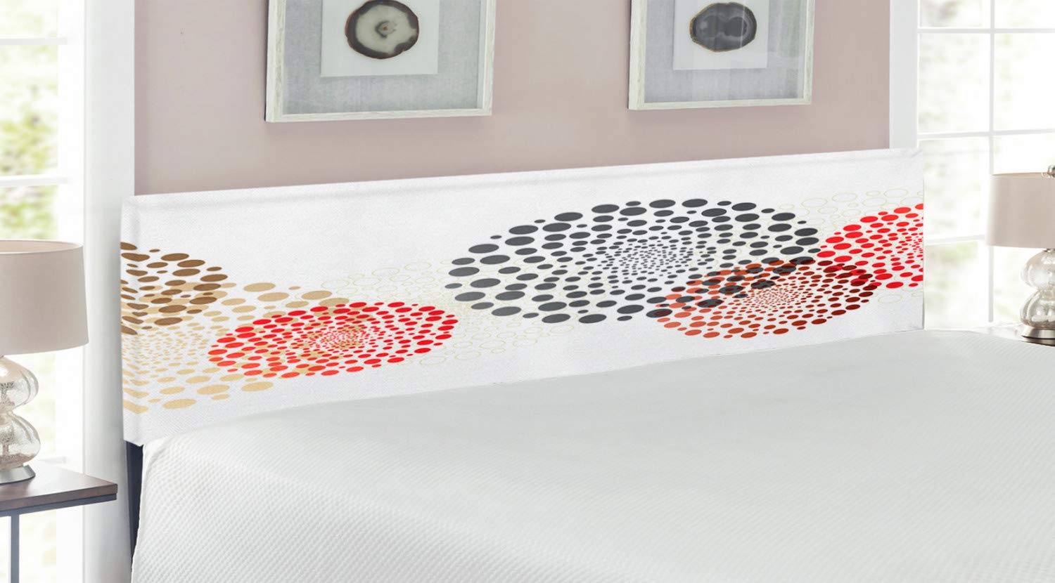 Ambesonne Abstract Upholstered Headboard - Modern Surreal Dot & Circle Design, Memory Foam Decorative Metal Bed Frame for King Size Beds in Red, Grey & Maroon | Perfect for Contemporary Bedrooms & Guest Rooms