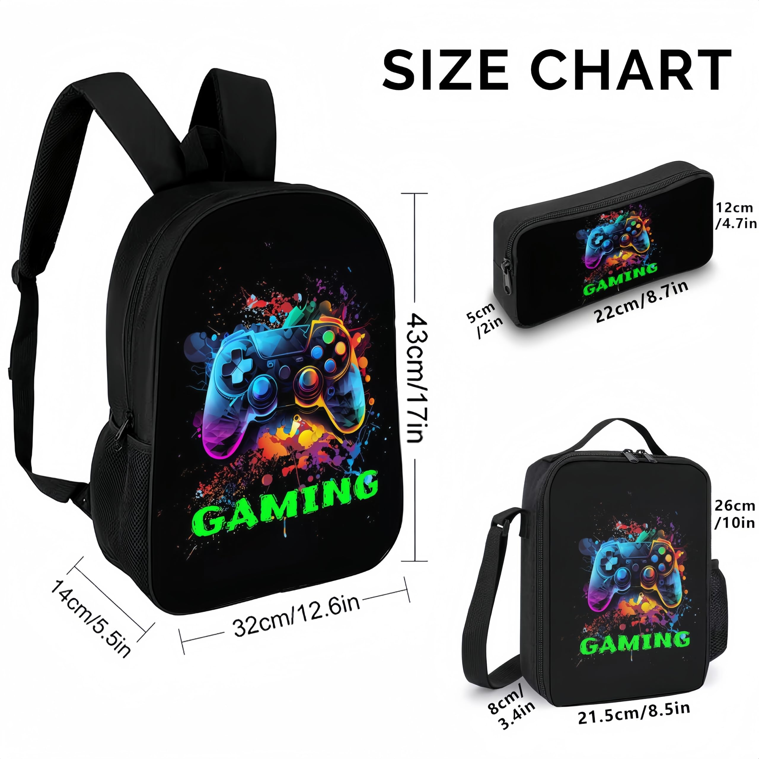 3-Piece Kids Backpack Set for School & Travel - Includes Backpack, Lunch Box & Pencil Case (Gaming Design) - Perfect for Elementary Students, Day Trips & Outdoor Adventures