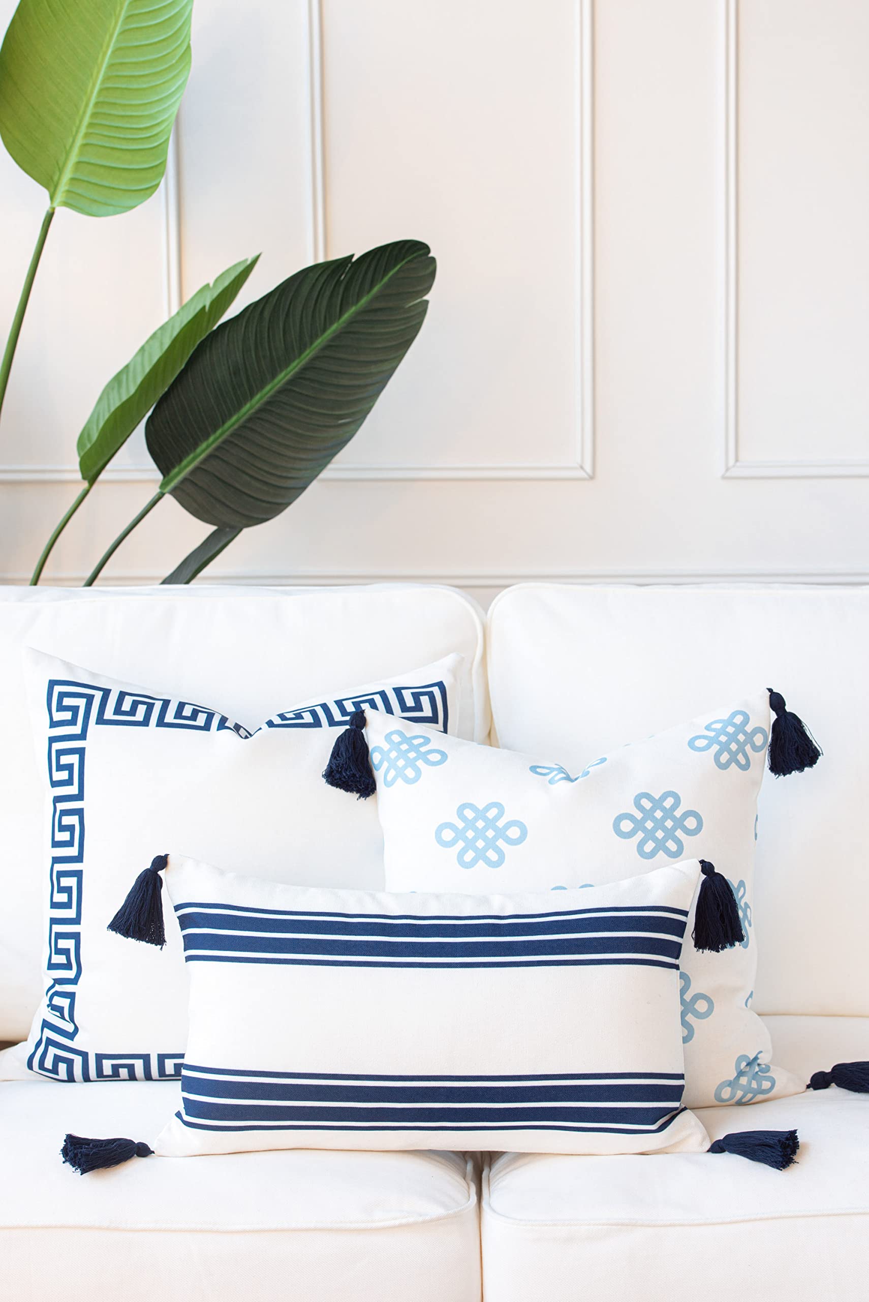 Blue Greek Key Knot Tassel Pillow Cover 18x18 - Coastal Style Indoor Outdoor Decorative Cushion for Patio, Sofa & Bedroom Decor