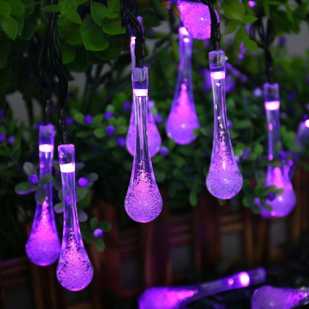 DINOWIN 20ft Solar Drop Lights - 30LEDs Waterproof Fairy Lights for Outdoor, Garden, Christmas Decorations (Purple) | Perfect for Patio, Yard, Wedding & Holiday Lighting