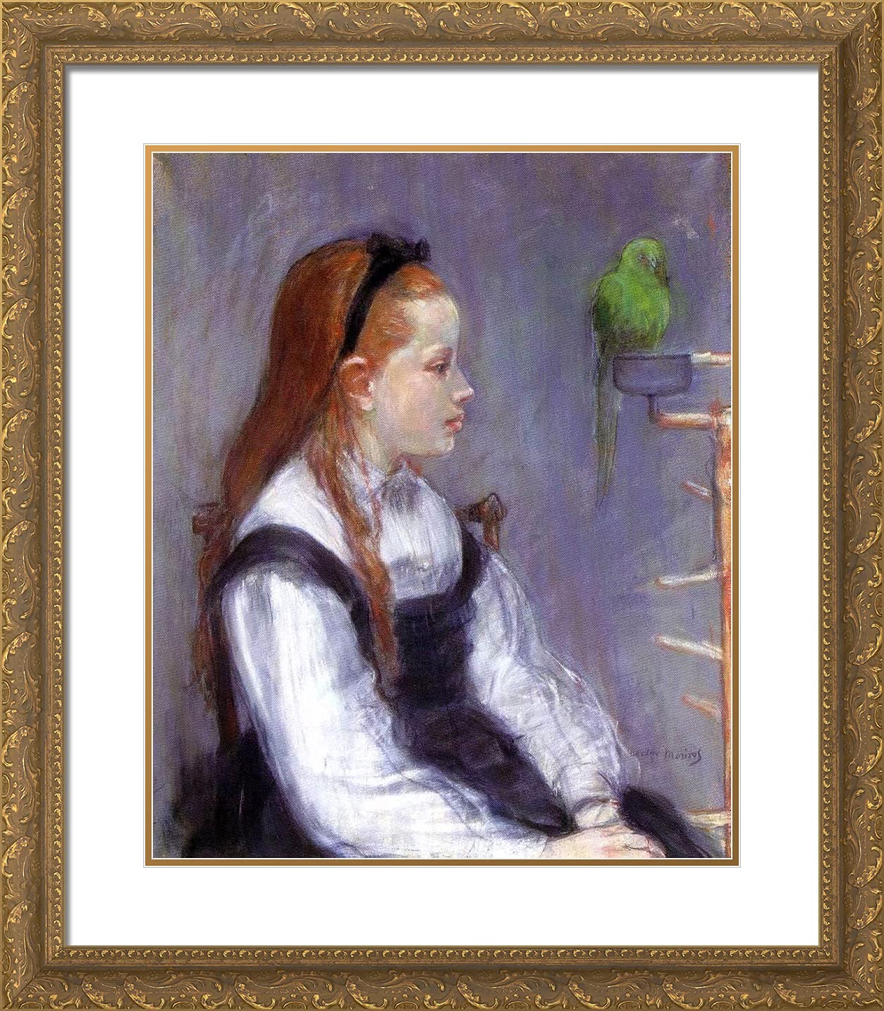 Berthe Morisot 'Young Girl with a Parrot' 20x23 Gold Ornate Framed Art Print with Double Matting - Classic Wall Decor for Living Room, Bedroom & Office