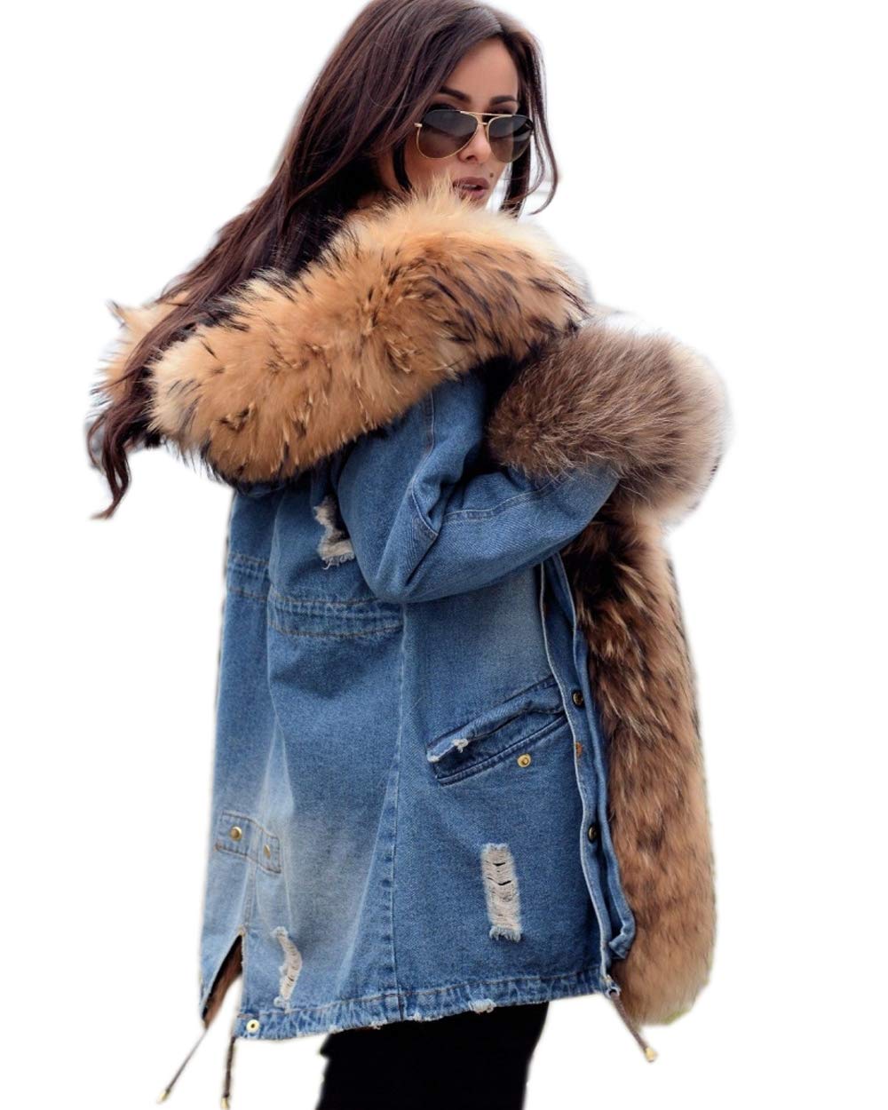 Roiii Plus Size Women's Military Denim Hooded Winter Coat with Faux Fur Lining - Warm Parka Jacket for Cold Weather, Outdoor Activities and Casual Style