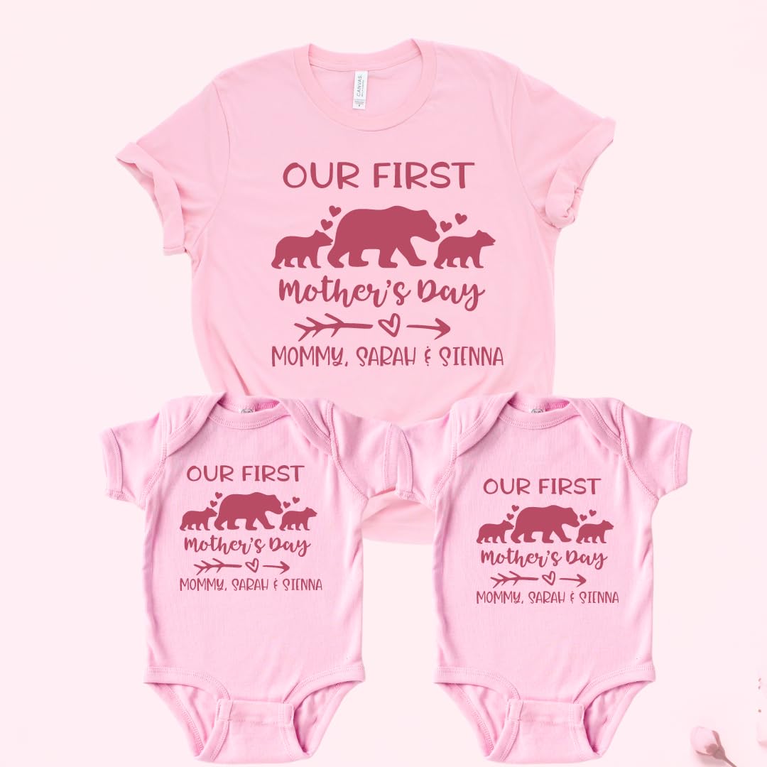 Twin Mom First Mother's Day Matching Outfit Set for Baby and Mom - Personalized Mommy & Me Shirts with Names for Baby Boy or Girl - Perfect 1st Time Mom Gift for Twins Mama - Ideal for Mother's Day Photos, Family Matching Outfits & Special Celebrations