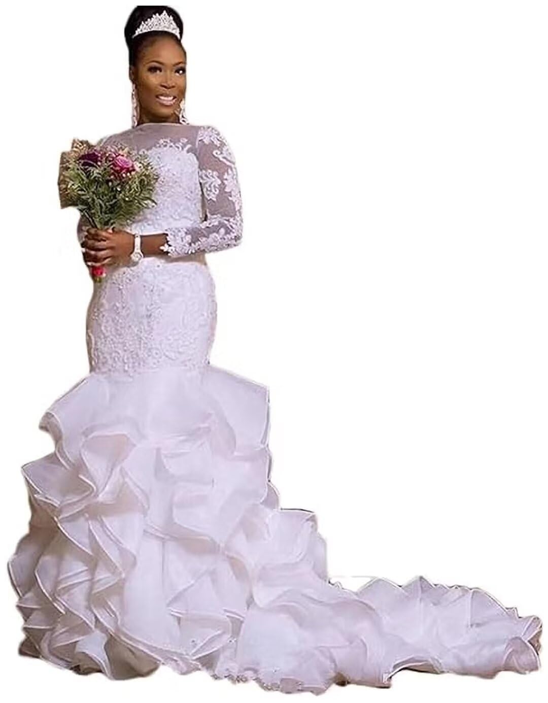 Elegant Mermaid Lace Wedding Dress for Women - Long Sleeve Tulle Bridal Gown with Train | Perfect for Beach, Church, and Formal Wedding Ceremonies