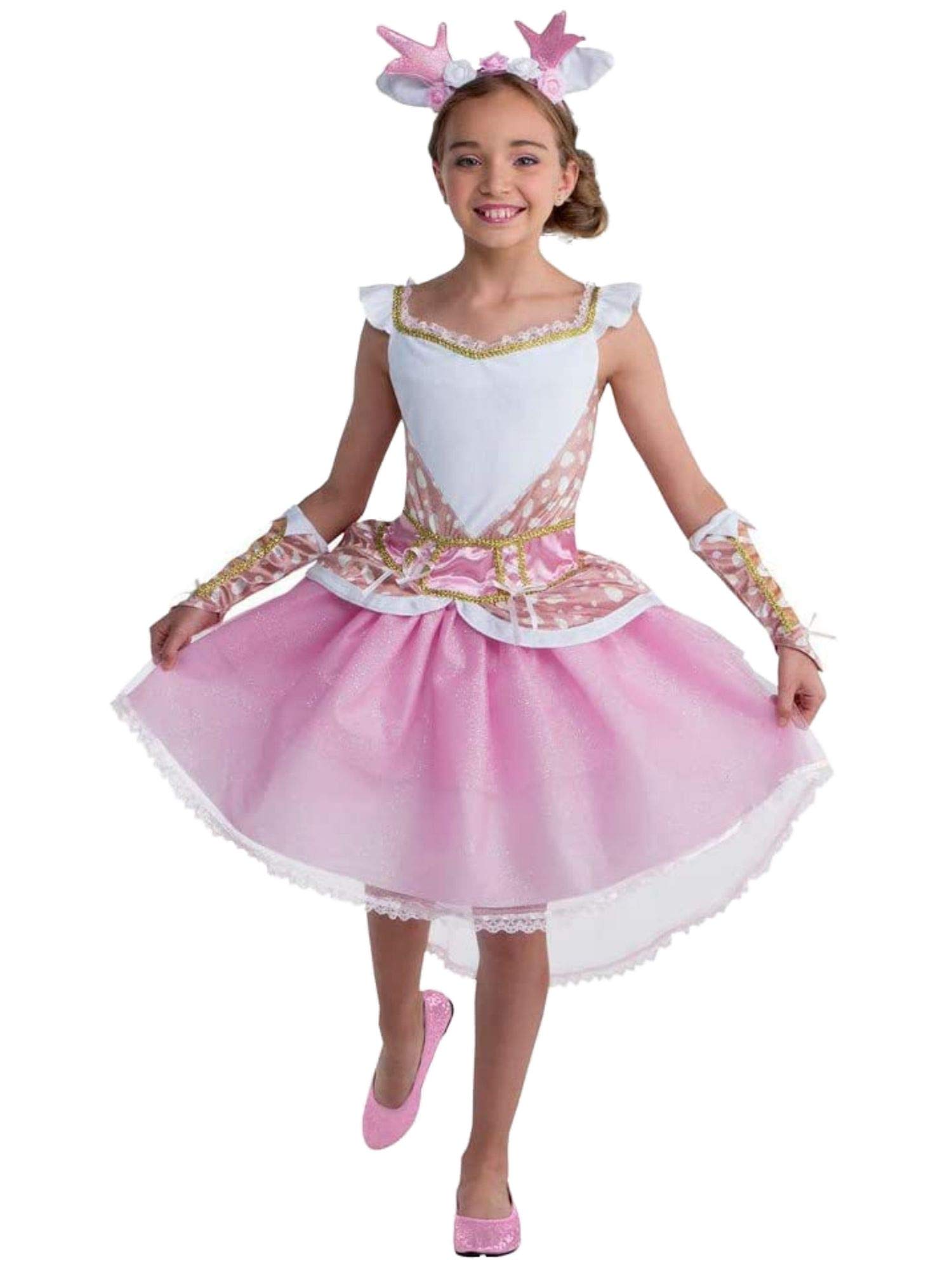 Magical Fawn Costume Dress for Girls - White & Pink Glitter Hi-Low Design with Wings - Size 4-6x - Perfect for Halloween, Cosplay & Fairy Tale Parties