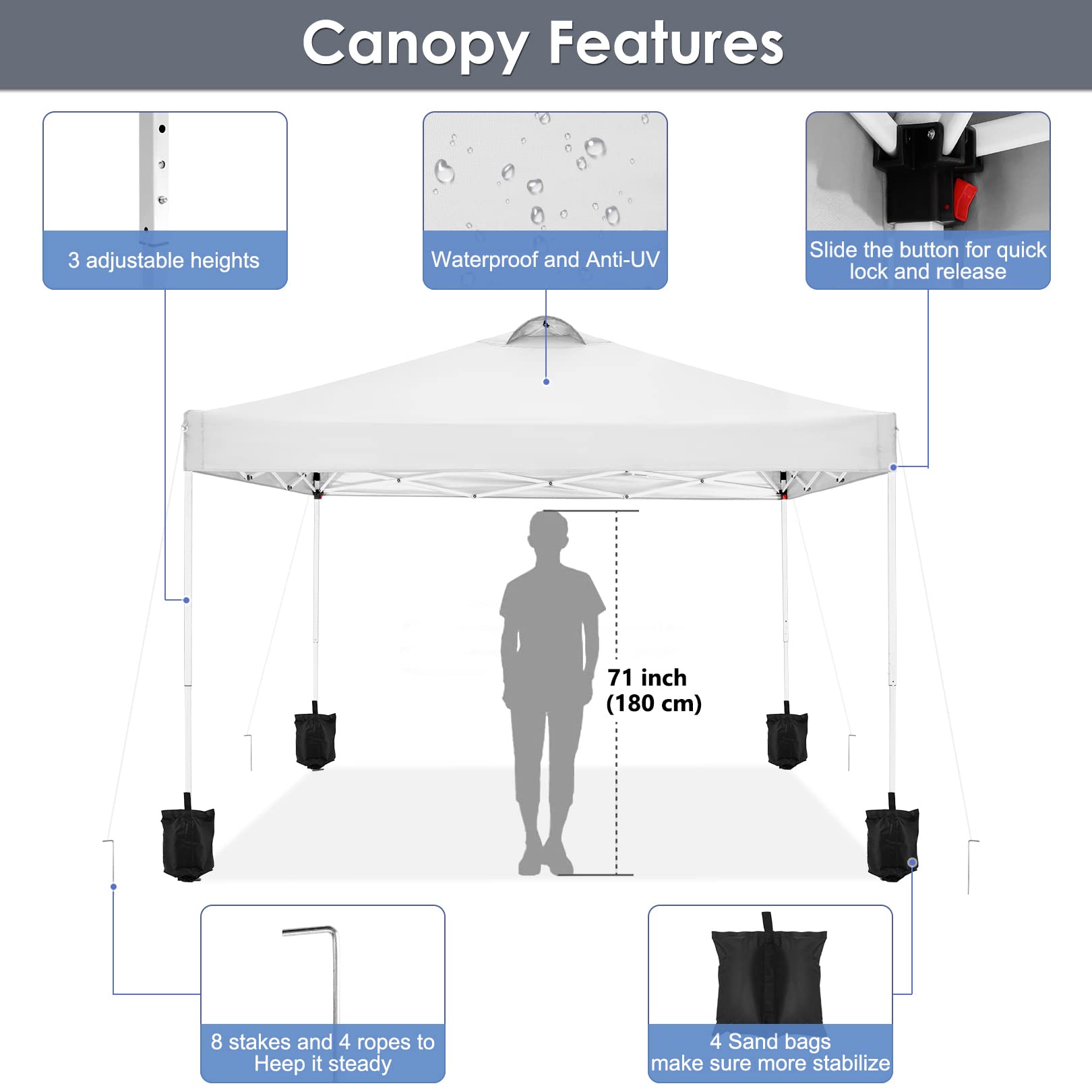COBIZI 10x10 Pop Up Canopy Tent - Waterproof Instant Gazebo with 4 Sidewalls for Outdoor Events, Parties, Backyard & Commercial Use - Includes 4 Sandbags, 4 Stakes & 8 Ropes (White) - Perfect for Picnics, Farmers Markets, Beach Days and Tailgating