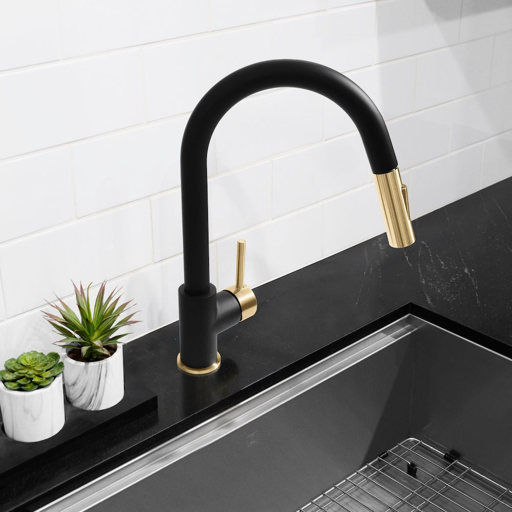ZLINE Autograph Edition Gemini Pull Down Single Handle Matte Black and Champagne Bronze Kitchen Faucet - Perfect for Modern Farmhouse & Industrial Style Kitchens (GEM KF ZMBCB)