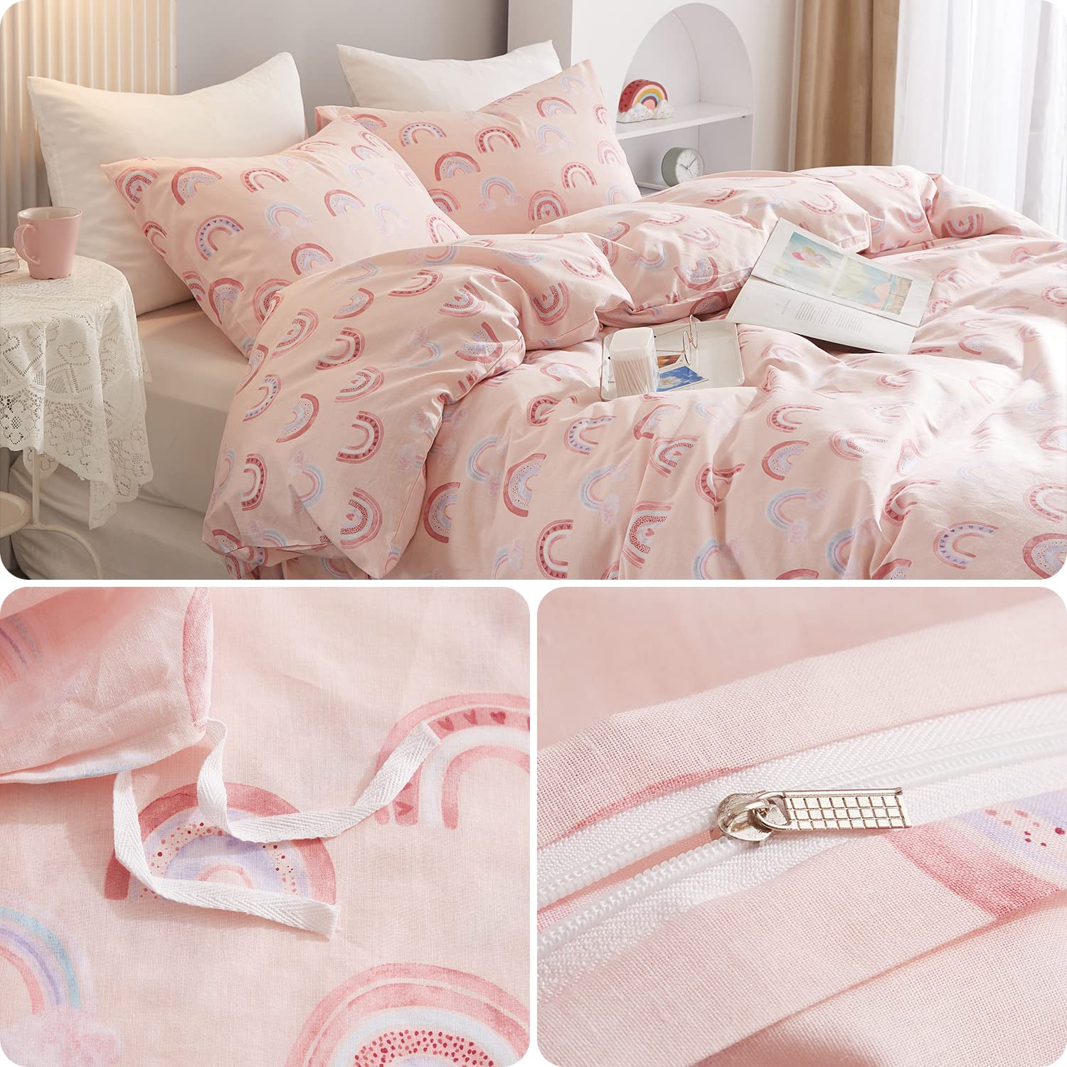 Ivellow Twin Duvet Cover Set - 100% Cotton Rainbow Pink Kawaii Bedding for Girls | Ultra Soft & Breathable 3-Piece Kids Comforter Cover with Cute Cartoon Pattern | Perfect for Toddler, Teen & Kids' Bedrooms, Sleepovers & Nursery Decor