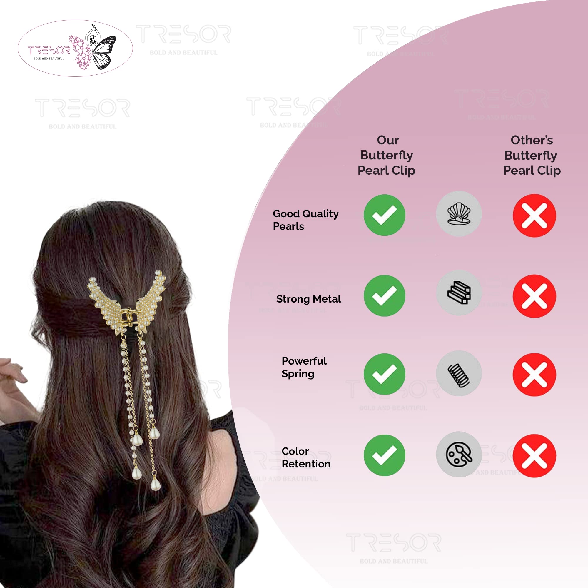 TRESOR Pearl Hair Clips for Women - Elegant Tassel Butterfly Metal Hair Claws, Stylish Hair Accessories for Parties, Weddings & Everyday Use